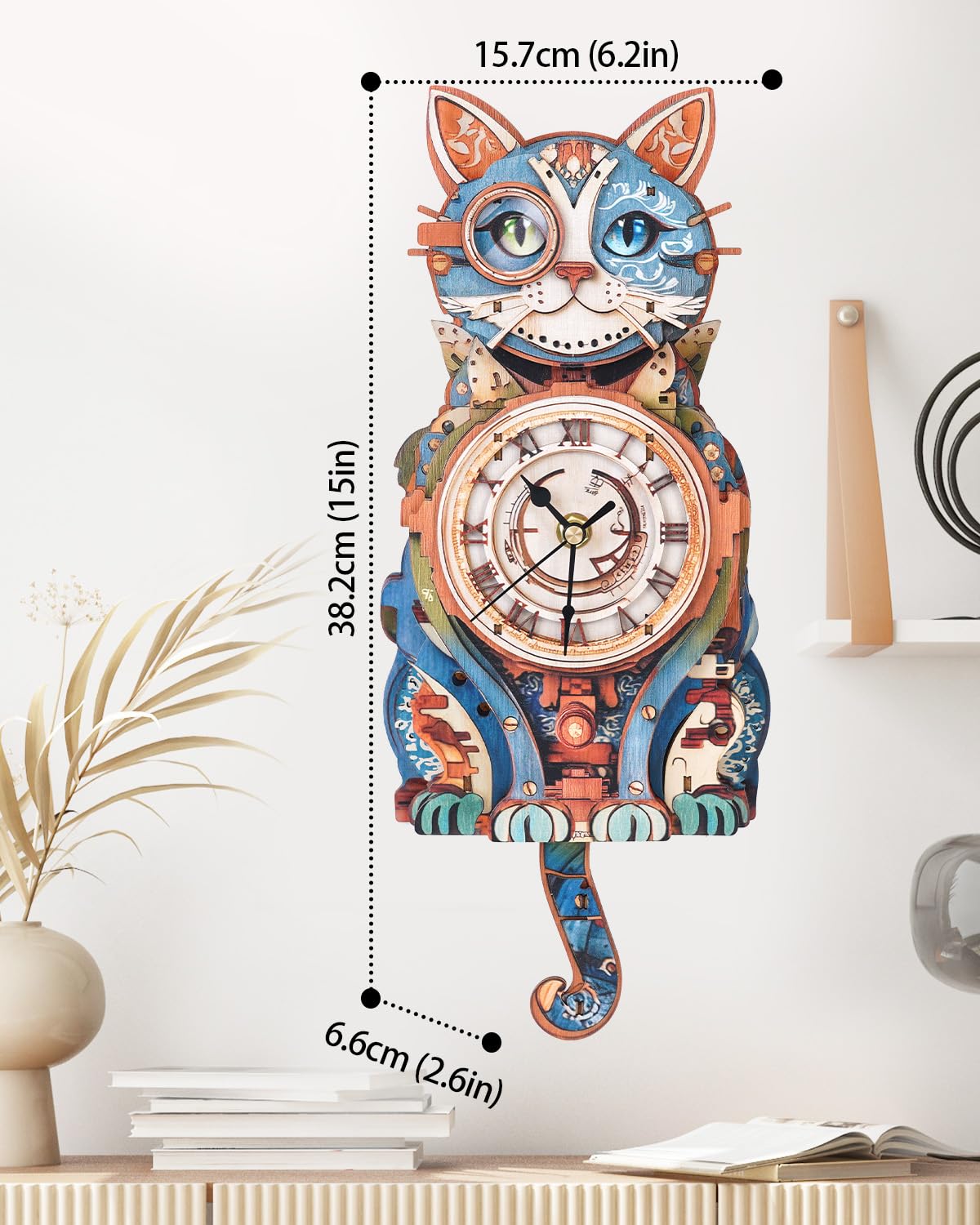 Rnfinewow 3D Wooden Cat Detective Clock – DIY Puzzle Kit & Pendulum Wall Clock