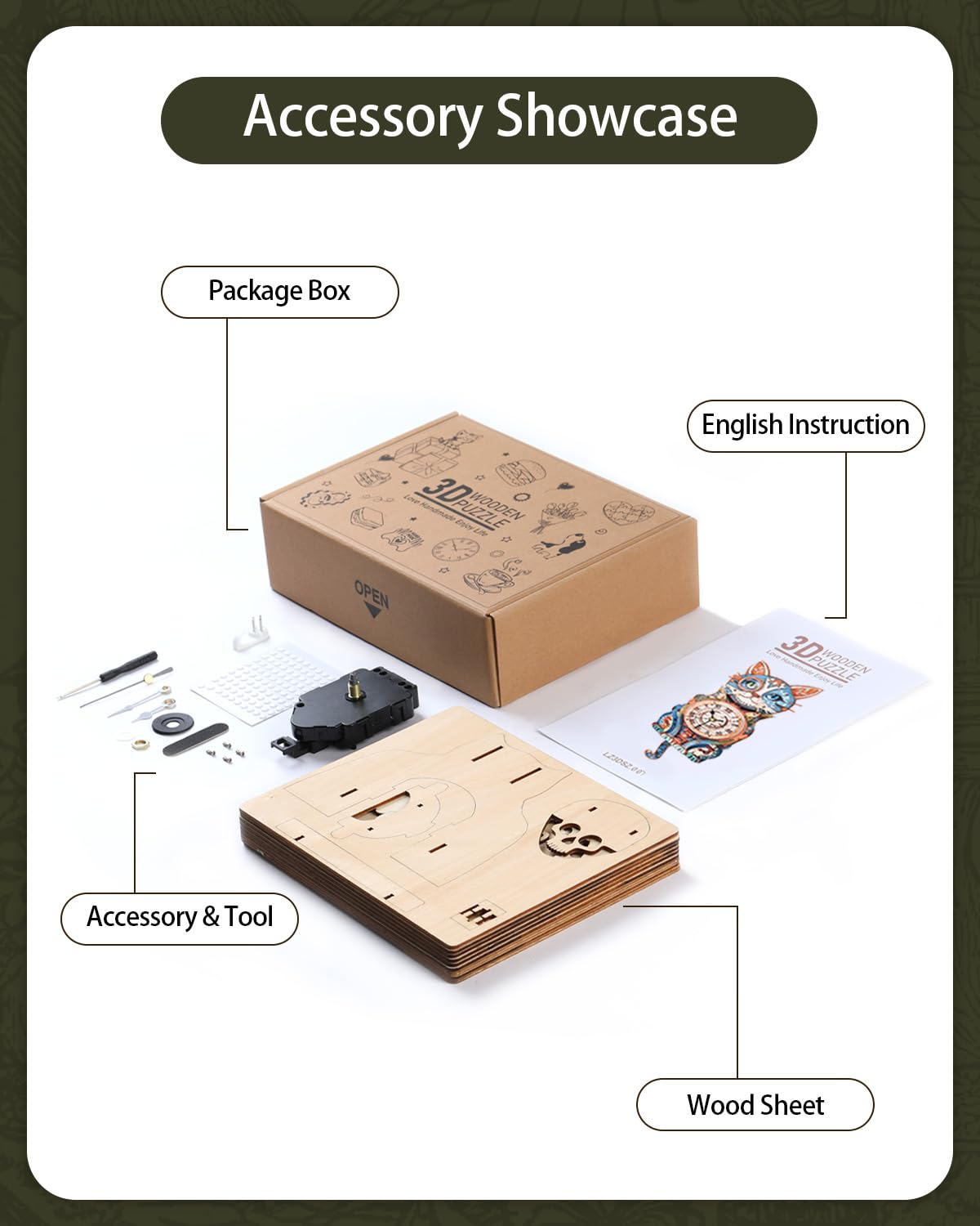 Rnfinewow 3D Wooden Cat Detective Clock – DIY Puzzle Kit & Pendulum Wall Clock