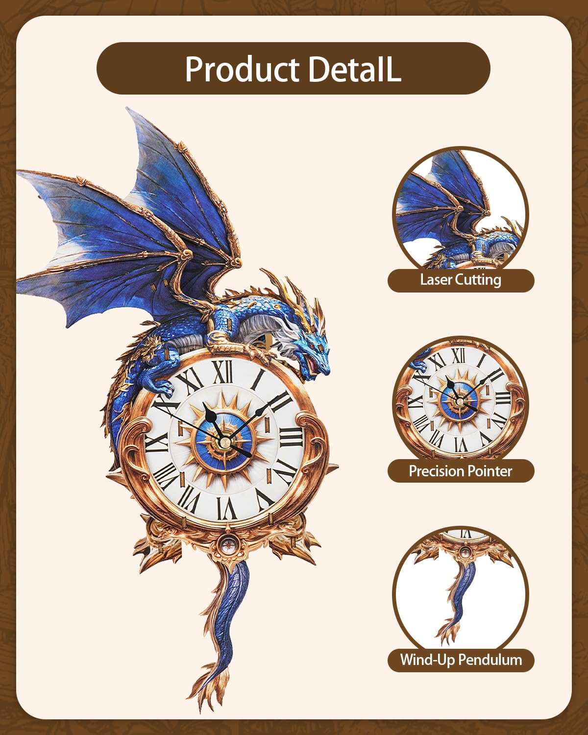 Rnfinewow 3D Blue Dragon Clock Puzzle for Adults – Wooden Pendulum Clock