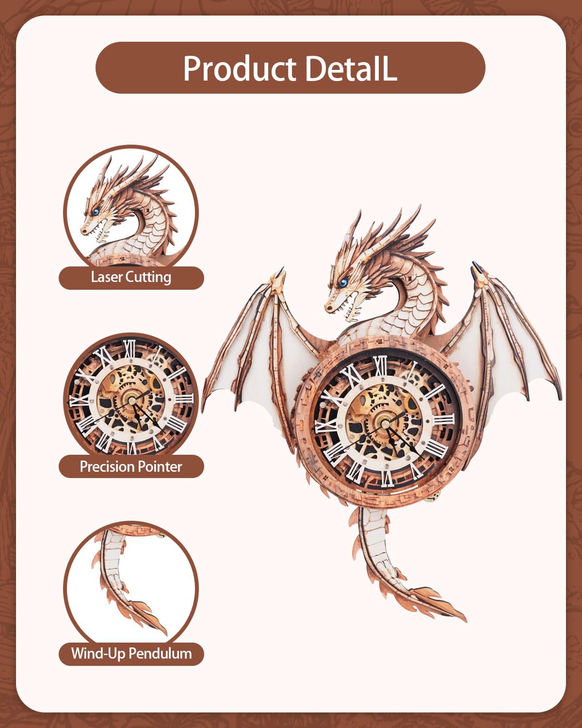 Rnfinewow 3D Dragon Clock Puzzle – Wooden Pendulum Kit for Adults