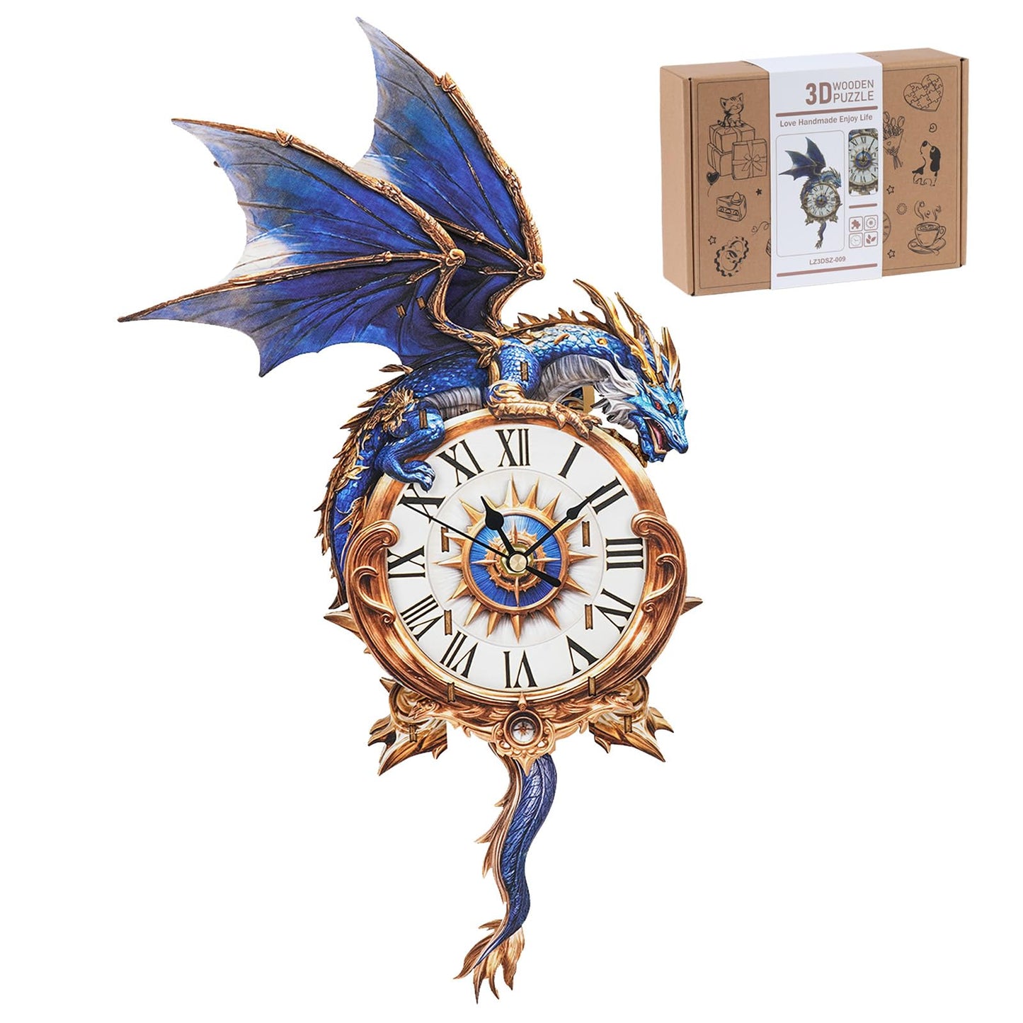 Rnfinewow 3D Blue Dragon Clock Puzzle for Adults – Wooden Pendulum Clock