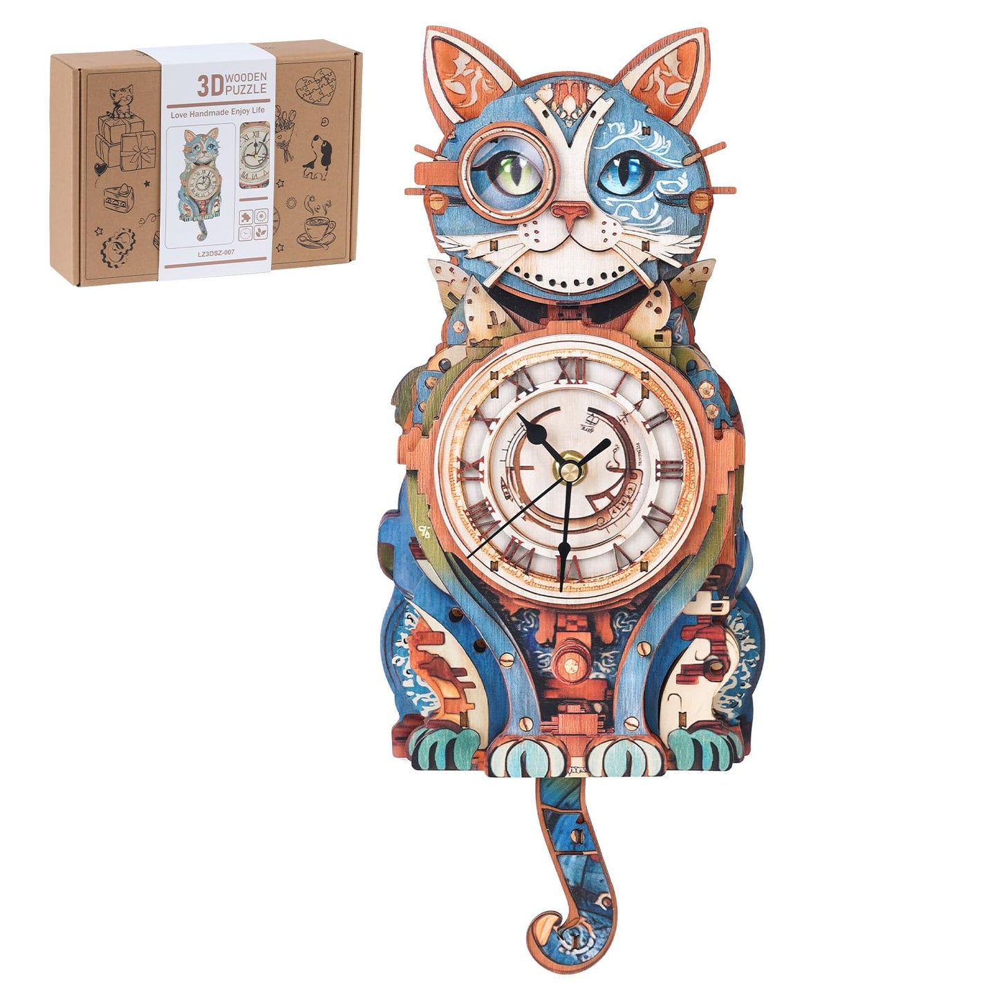 Rnfinewow 3D Wooden Cat Detective Clock – DIY Puzzle Kit & Pendulum Wall Clock