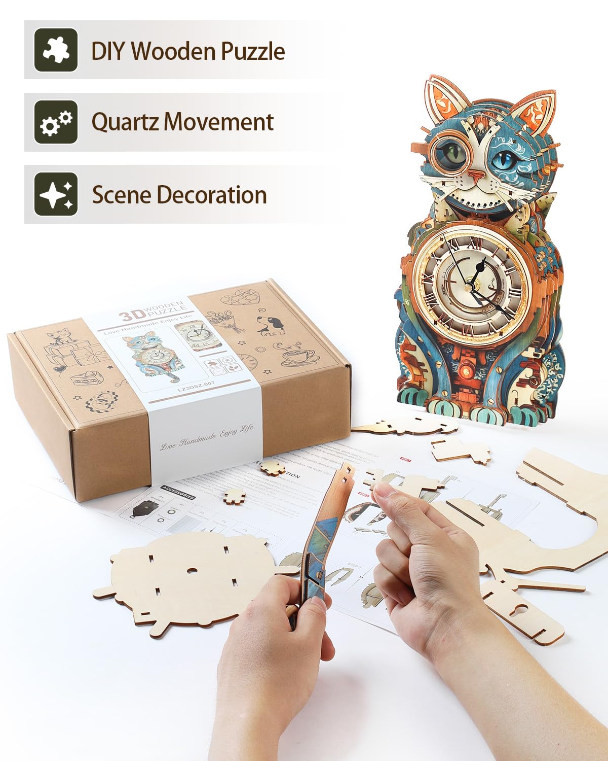 Rnfinewow 3D Wooden Cat Detective Clock – DIY Puzzle Kit & Pendulum Wall Clock