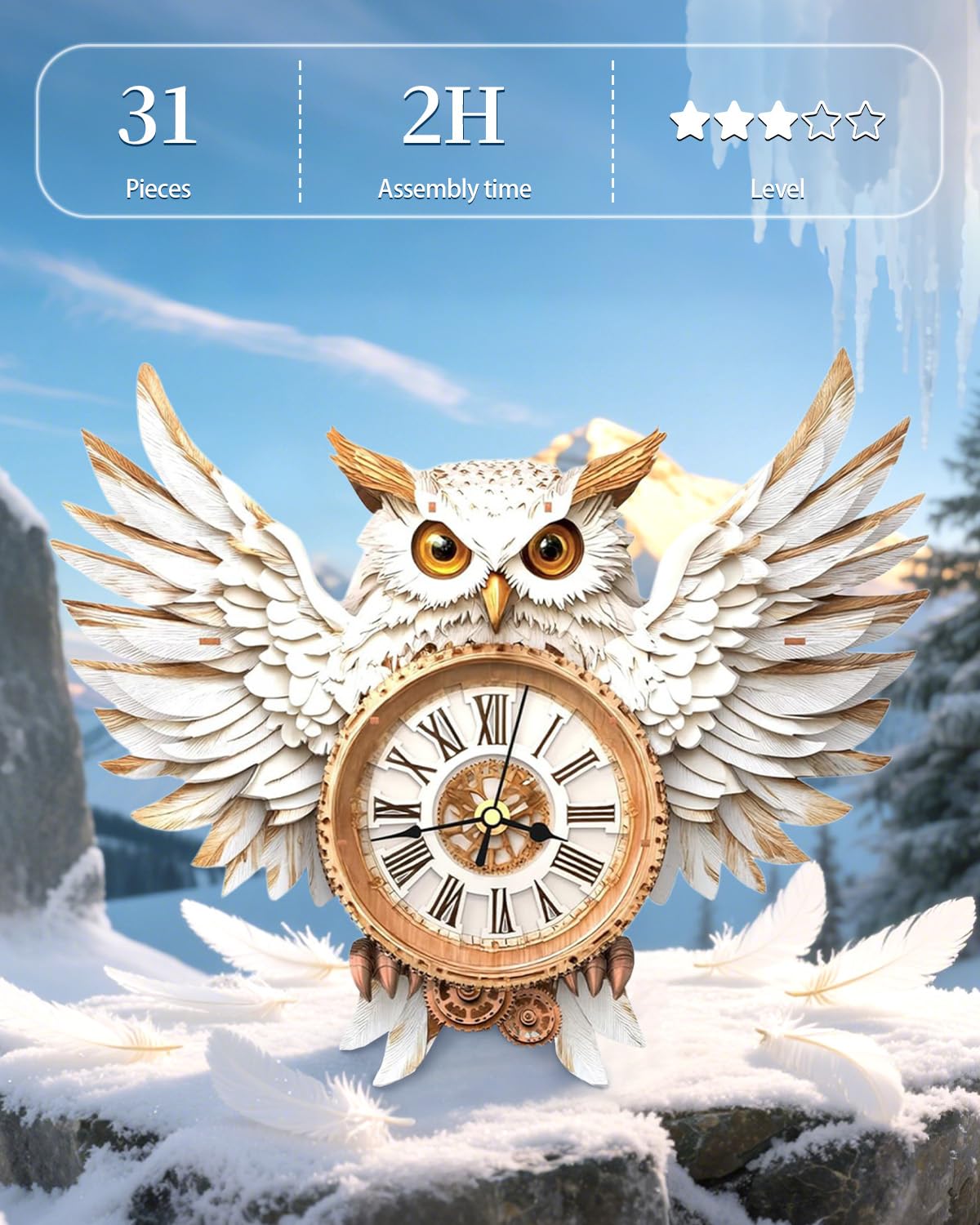Rnfinewow 3D Snowy Owl Clock Puzzle Kit for Adults – DIY Wall Decor