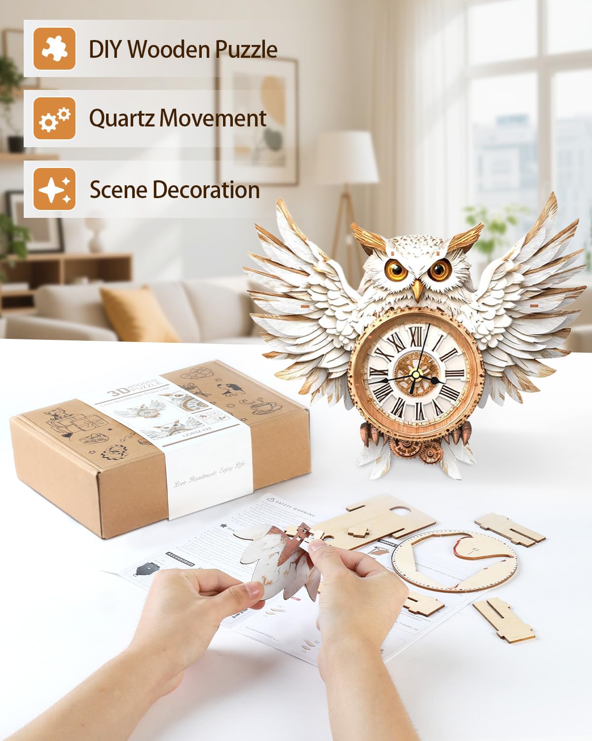 Rnfinewow 3D Snowy Owl Clock Puzzle Kit for Adults – DIY Wall Decor