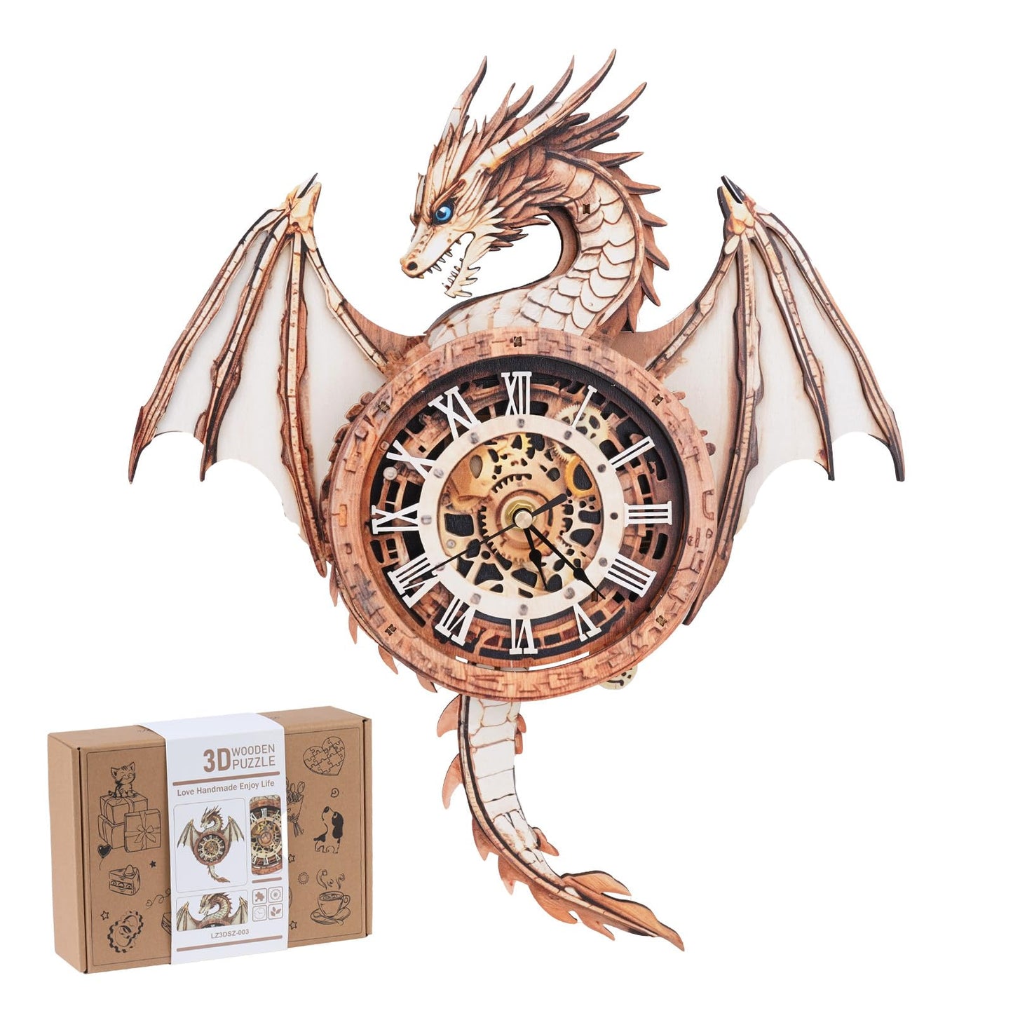 Rnfinewow 3D Dragon Clock Puzzle – Wooden Pendulum Kit for Adults