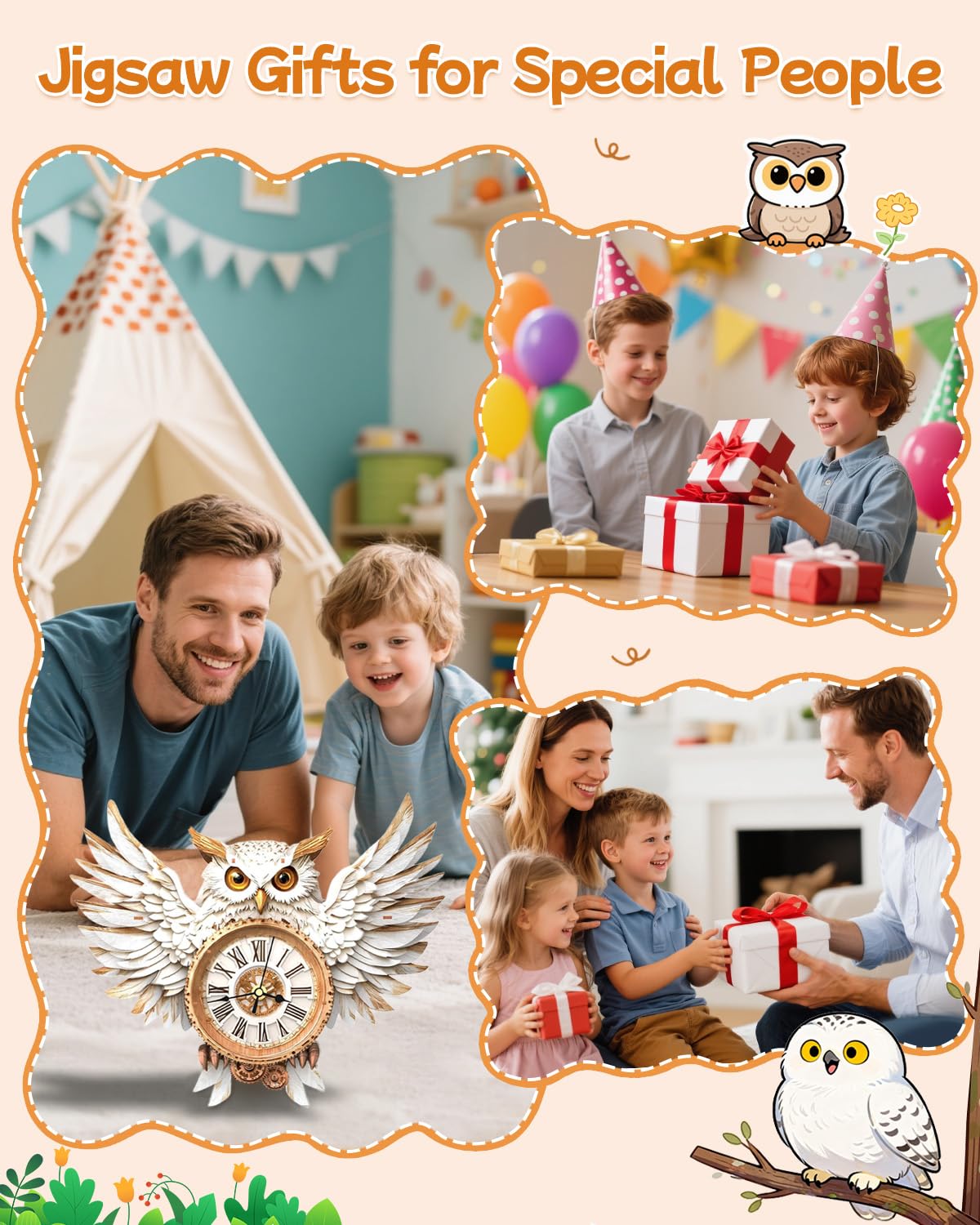 Rnfinewow 3D Snowy Owl Clock Puzzle Kit for Adults – DIY Wall Decor