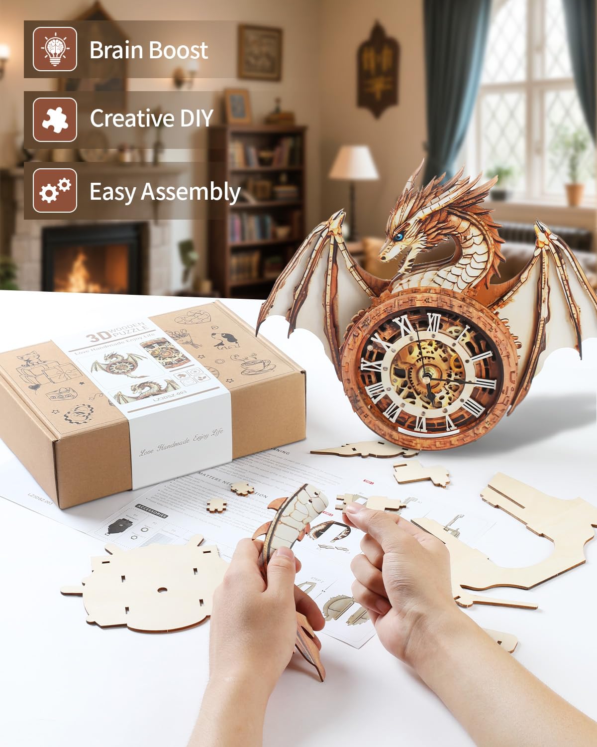 Rnfinewow 3D Dragon Clock Puzzle – Wooden Pendulum Kit for Adults
