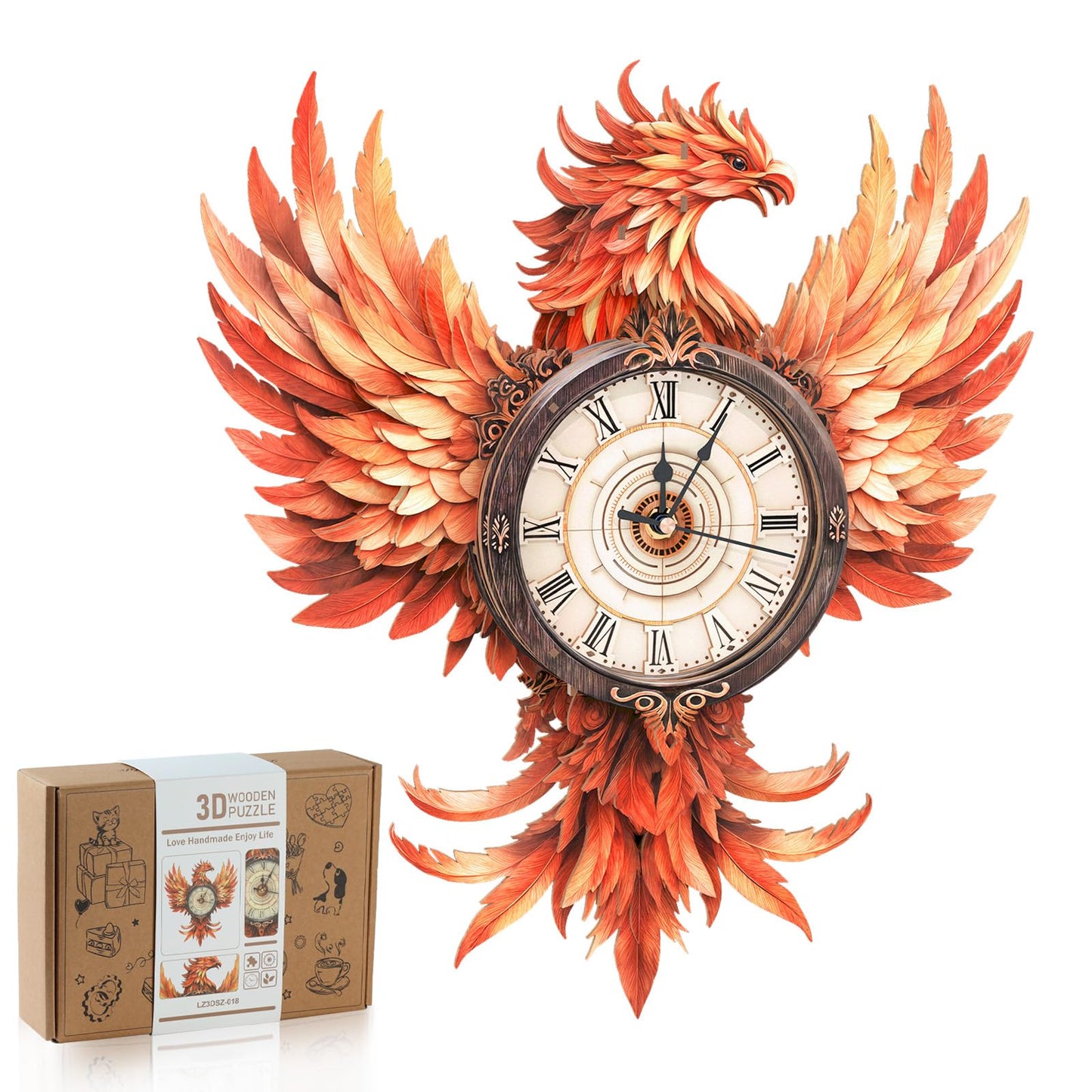 Rnfinewow 3D Fire Phoenix Clock Puzzle – Eco Wooden Kit with Pendulum for Adults & Teens