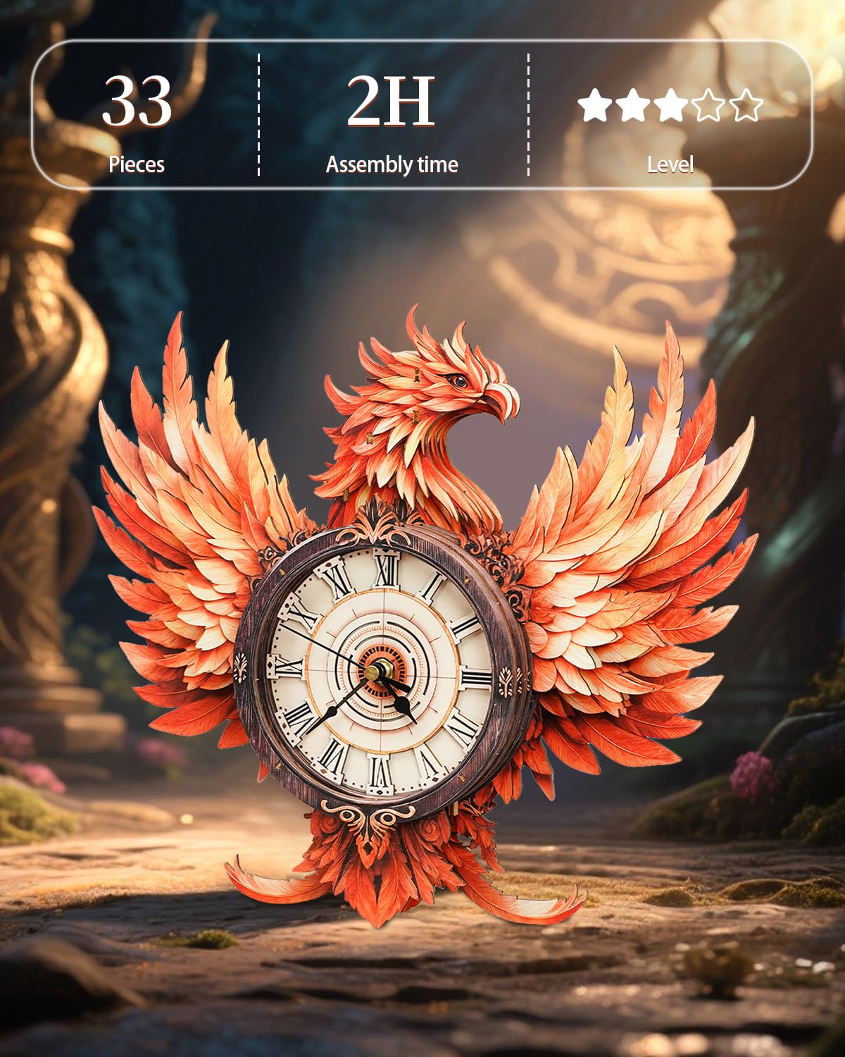 Rnfinewow 3D Fire Phoenix Clock Puzzle – Eco Wooden Kit with Pendulum for Adults & Teens