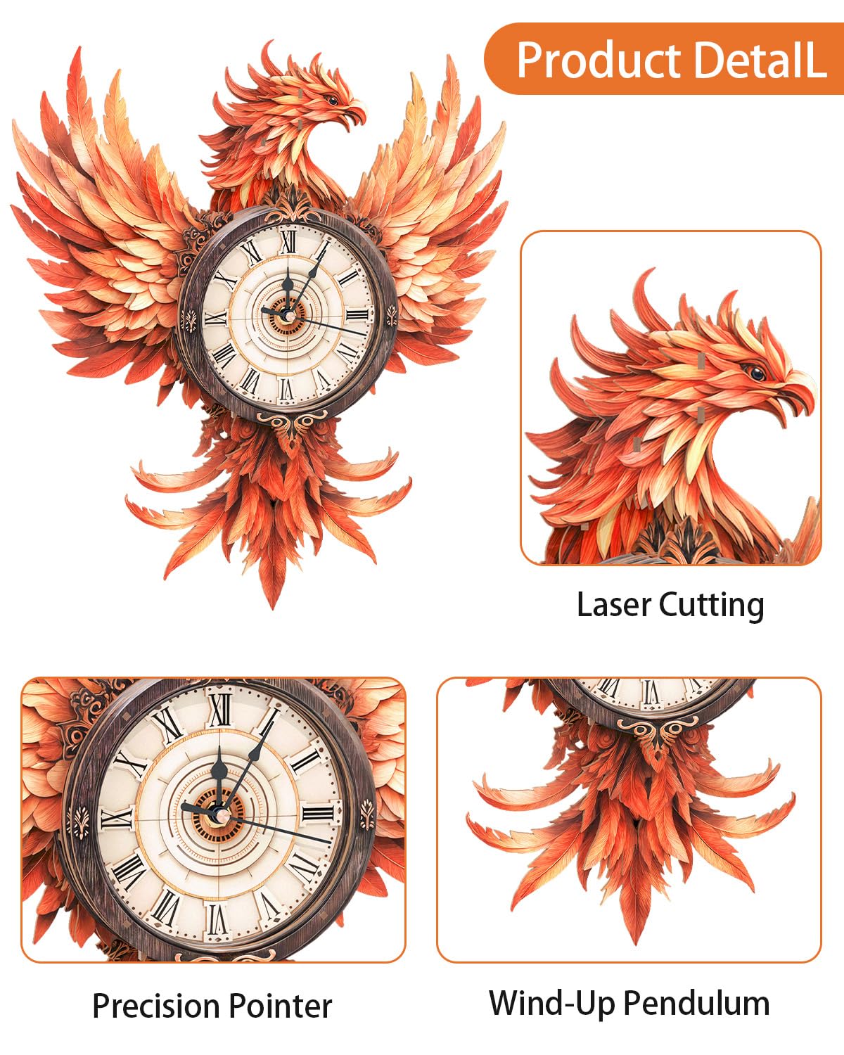 Rnfinewow 3D Fire Phoenix Clock Puzzle – Eco Wooden Kit with Pendulum for Adults & Teens