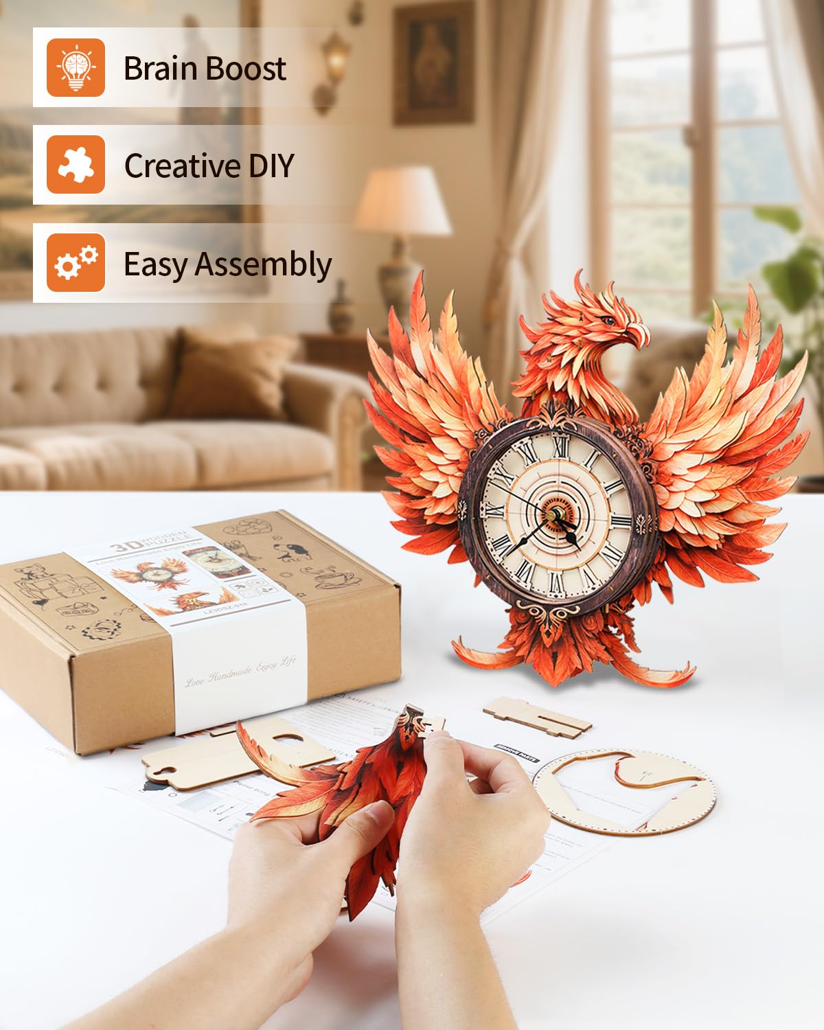 Rnfinewow 3D Fire Phoenix Clock Puzzle – Eco Wooden Kit with Pendulum for Adults & Teens