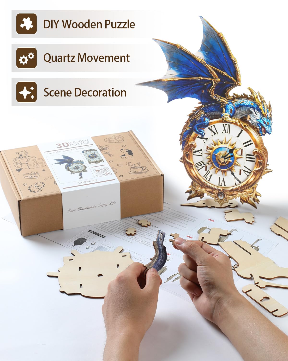 Rnfinewow 3D Blue Dragon Clock Puzzle for Adults – Wooden Pendulum Clock