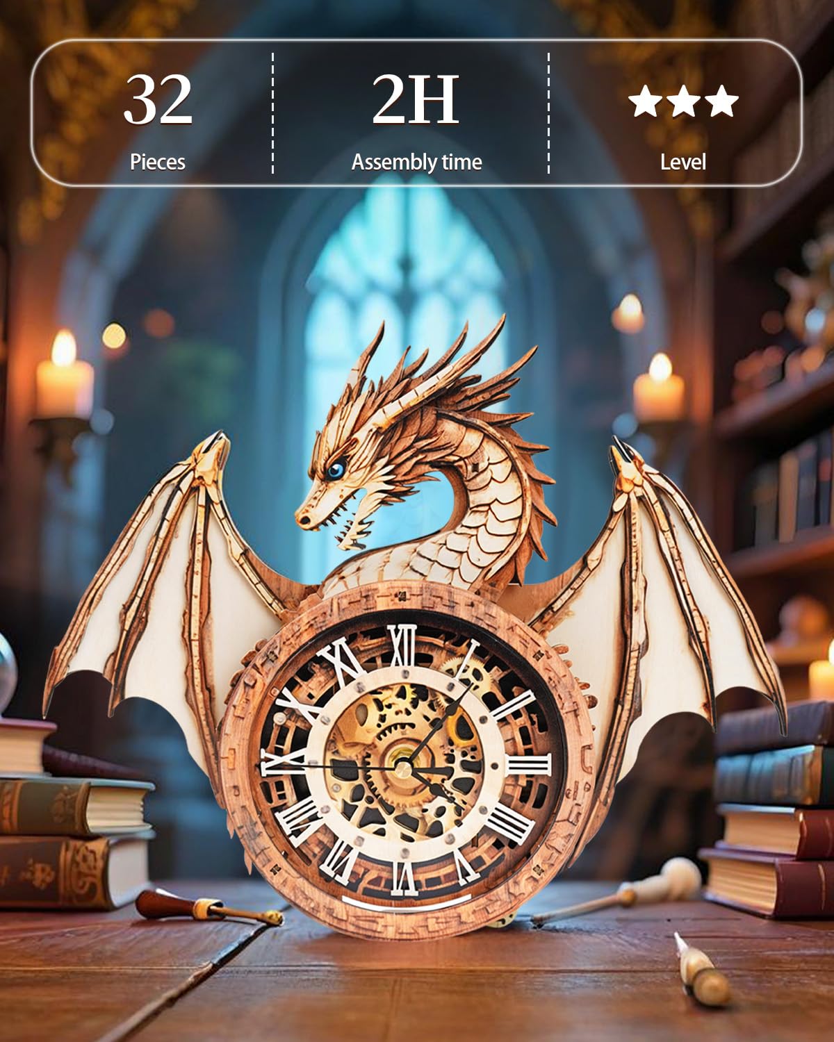 Rnfinewow 3D Dragon Clock Puzzle – Wooden Pendulum Kit for Adults