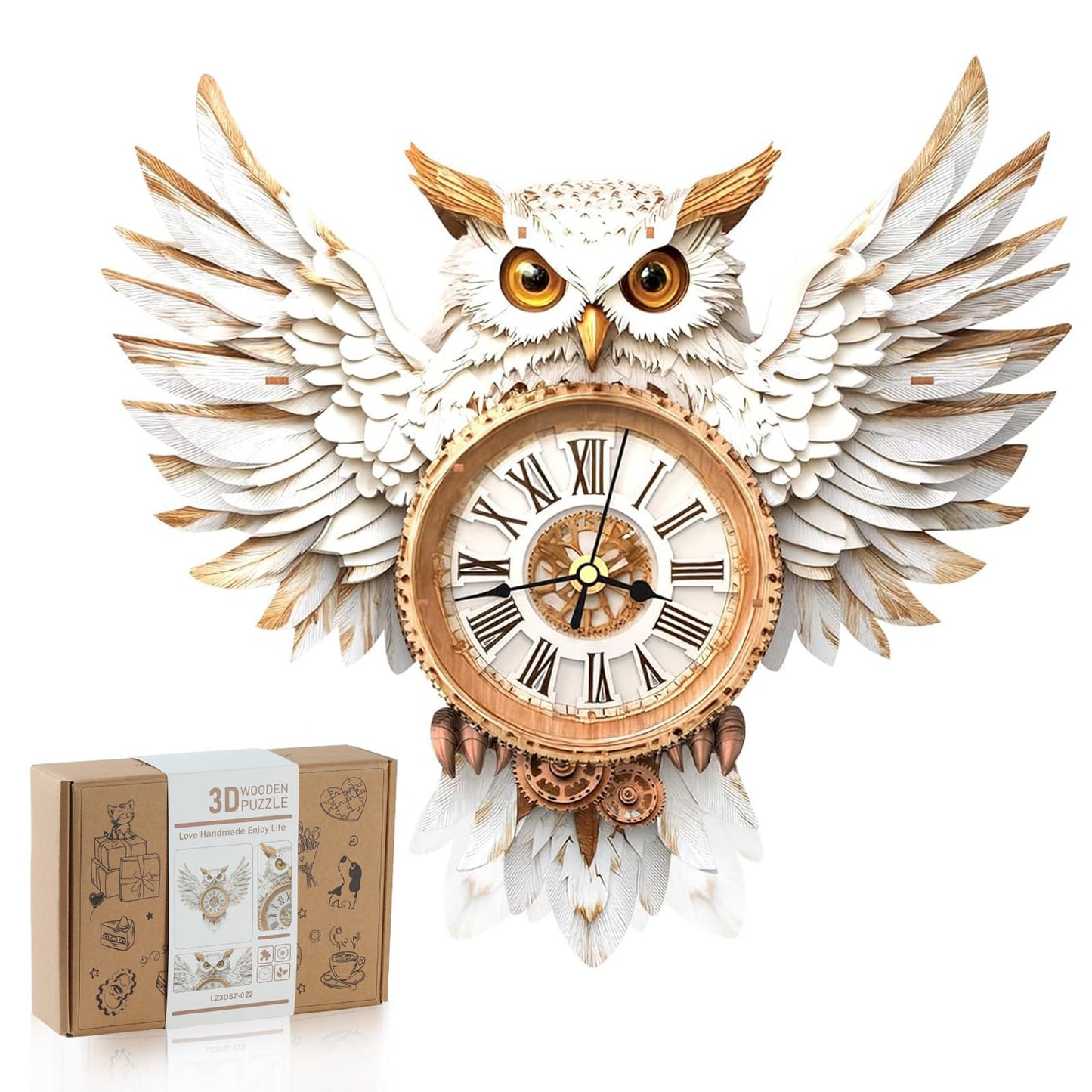Rnfinewow 3D Snowy Owl Clock Puzzle Kit for Adults – DIY Wall Decor