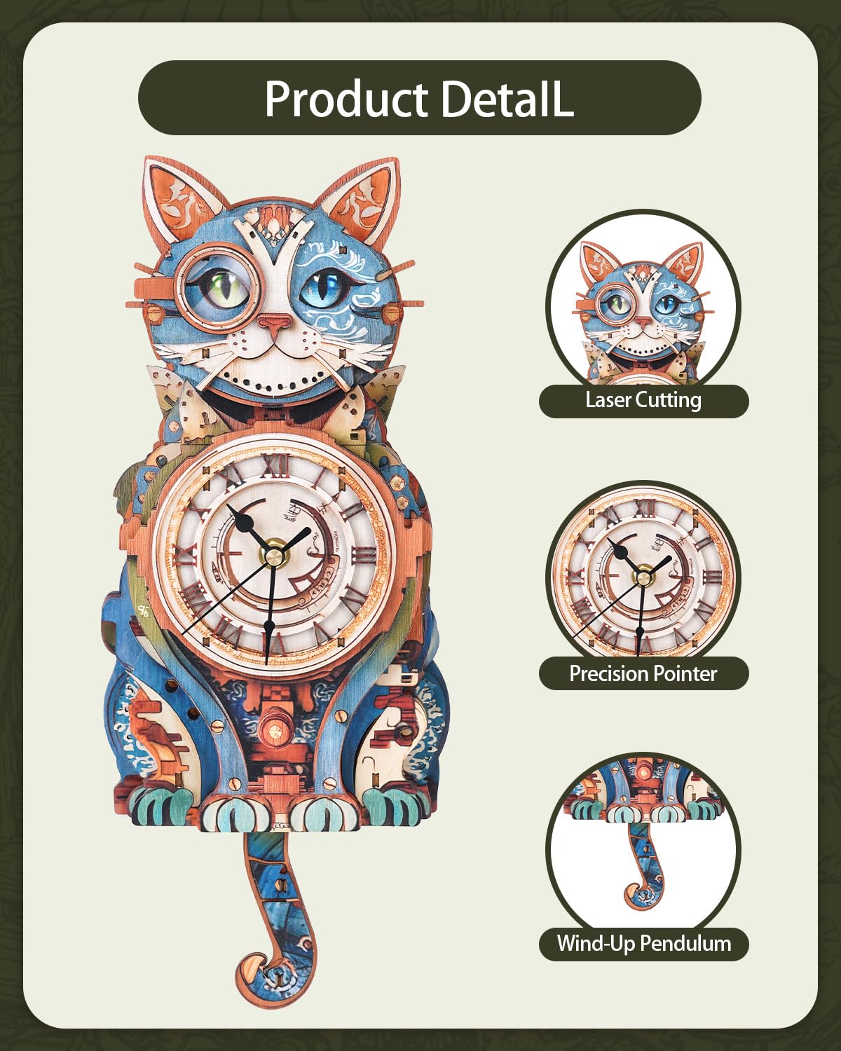 Rnfinewow 3D Wooden Cat Detective Clock – DIY Puzzle Kit & Pendulum Wall Clock