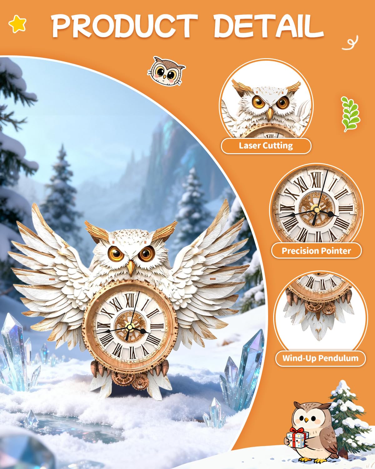 Rnfinewow 3D Snowy Owl Clock Puzzle Kit for Adults – DIY Wall Decor