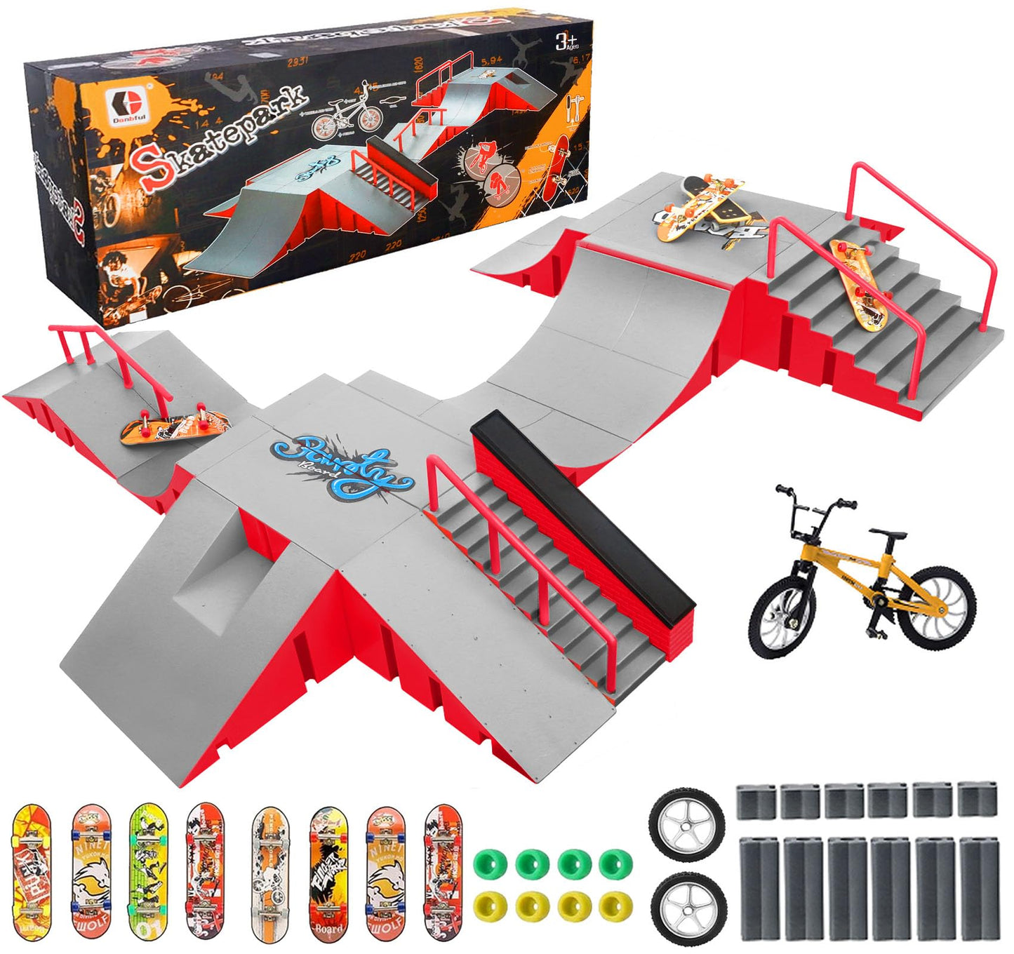 RNGODO Finger Skateboard Park Kit – 14-in-1 Ramp Set with 8 Fingerboards & 1 Finger Bike