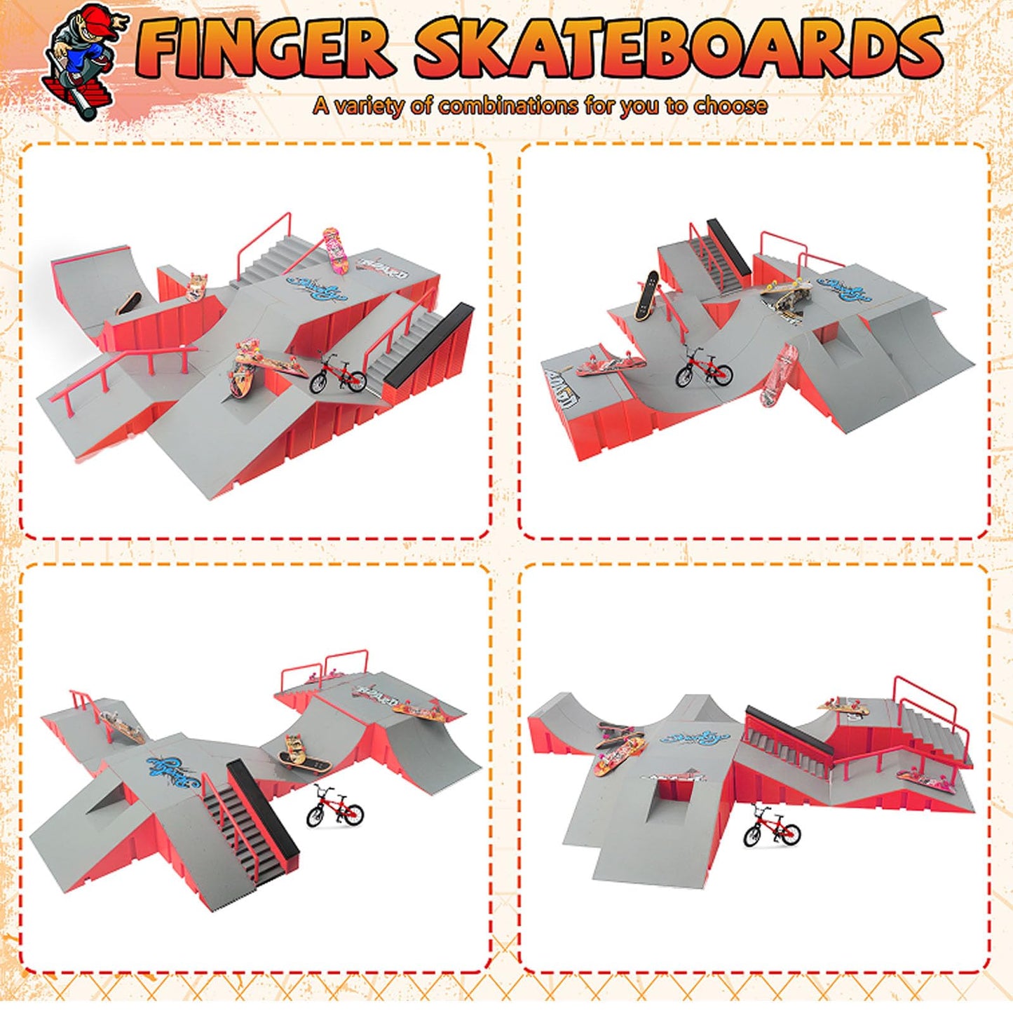 RNGODO Finger Skateboard Park Kit – 14-in-1 Ramp Set with 8 Fingerboards & 1 Finger Bike