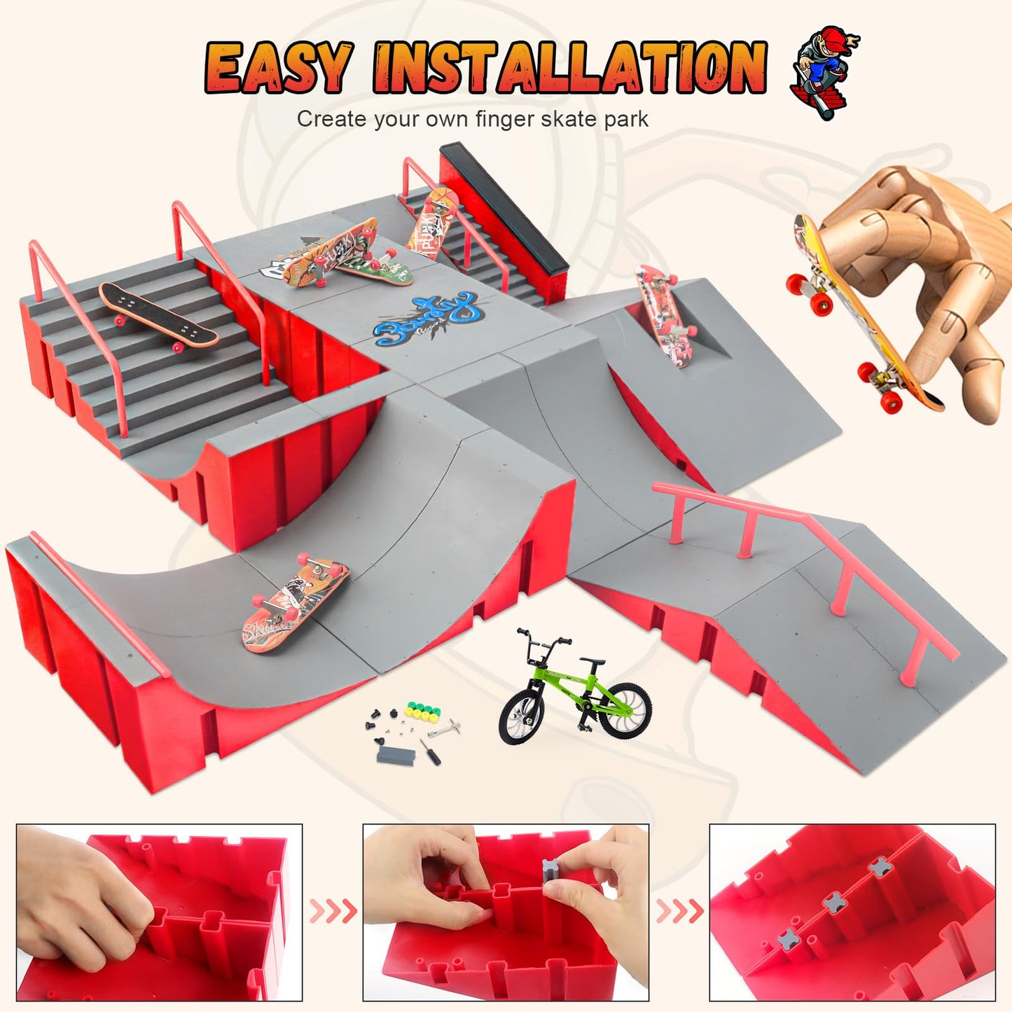 RNGODO Finger Skateboard Park Kit – 14-in-1 Ramp Set with 8 Fingerboards & 1 Finger Bike