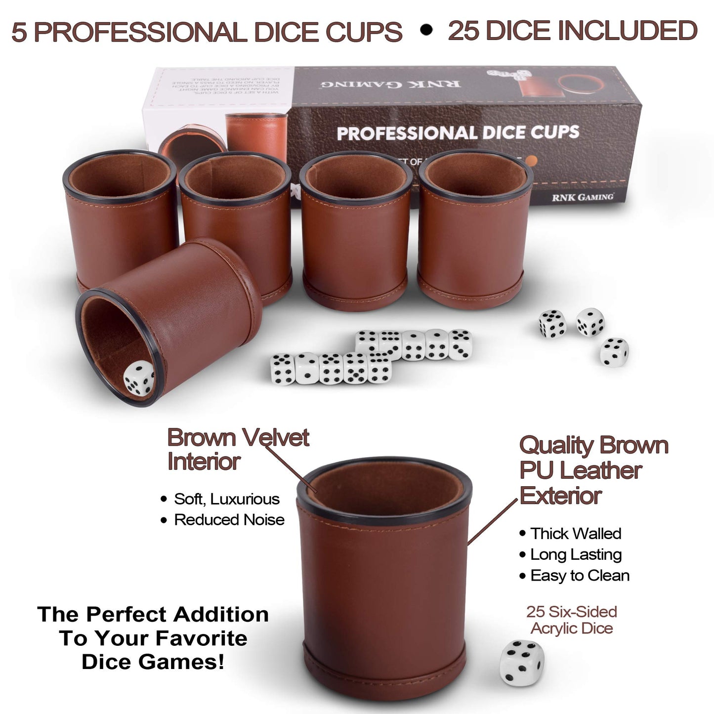 RNK Gaming 5 Pack PU Leather Dice Cups with Velvet Lining + 25 White Dice