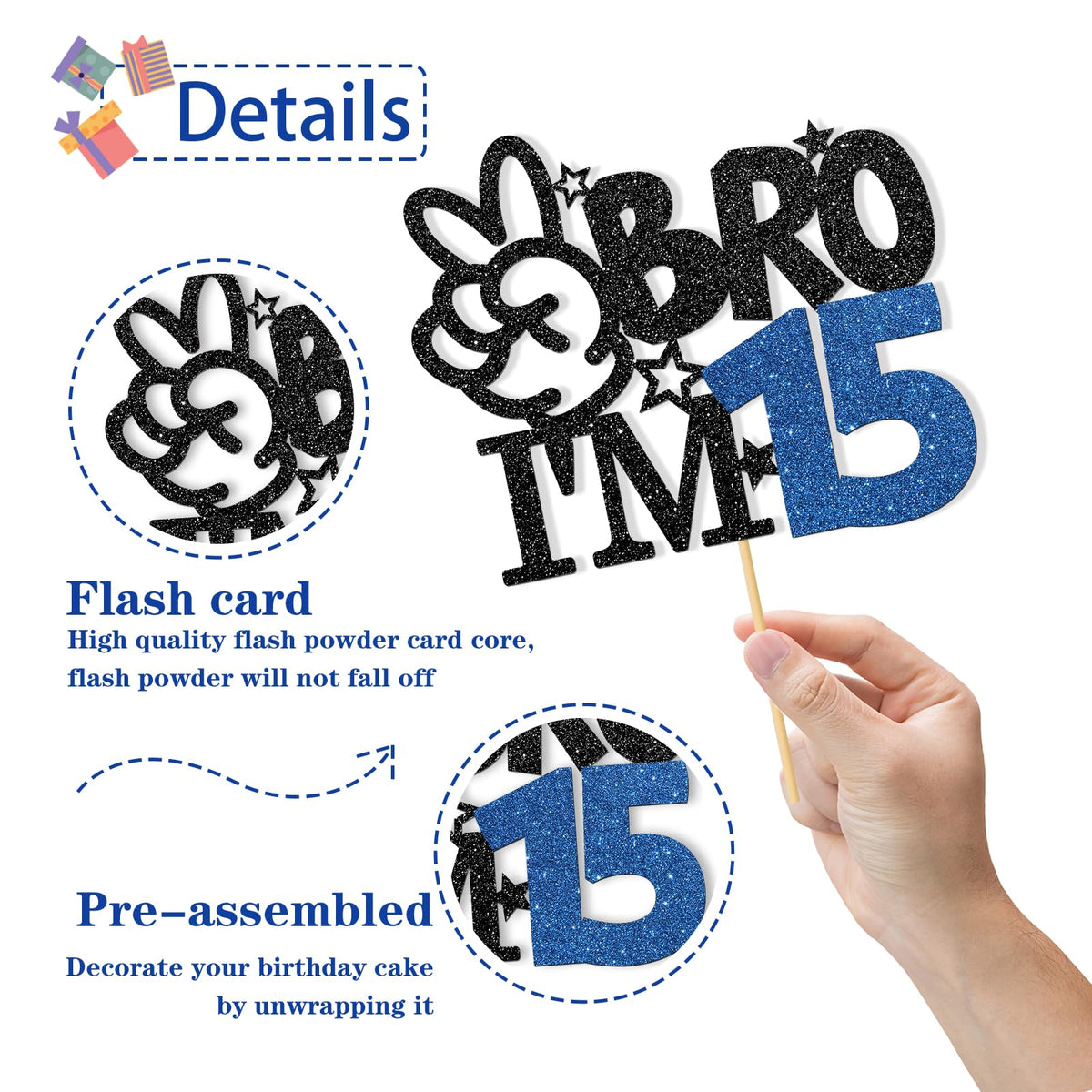 RoadSea Brother I'm 15 Cake Topper – Black Glitter for 15th Birthday Boy