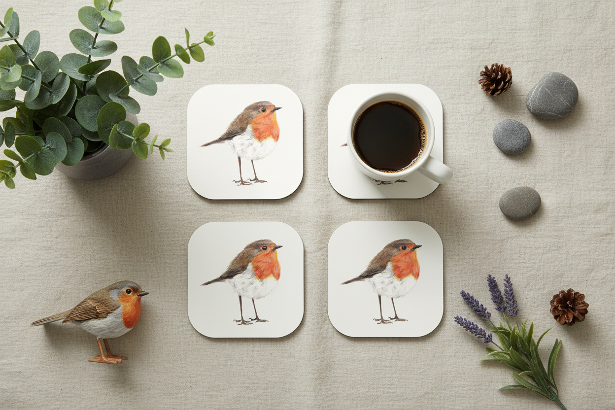 Hand-Drawn Robin Coaster Set of 4 | Cosy Home Décor