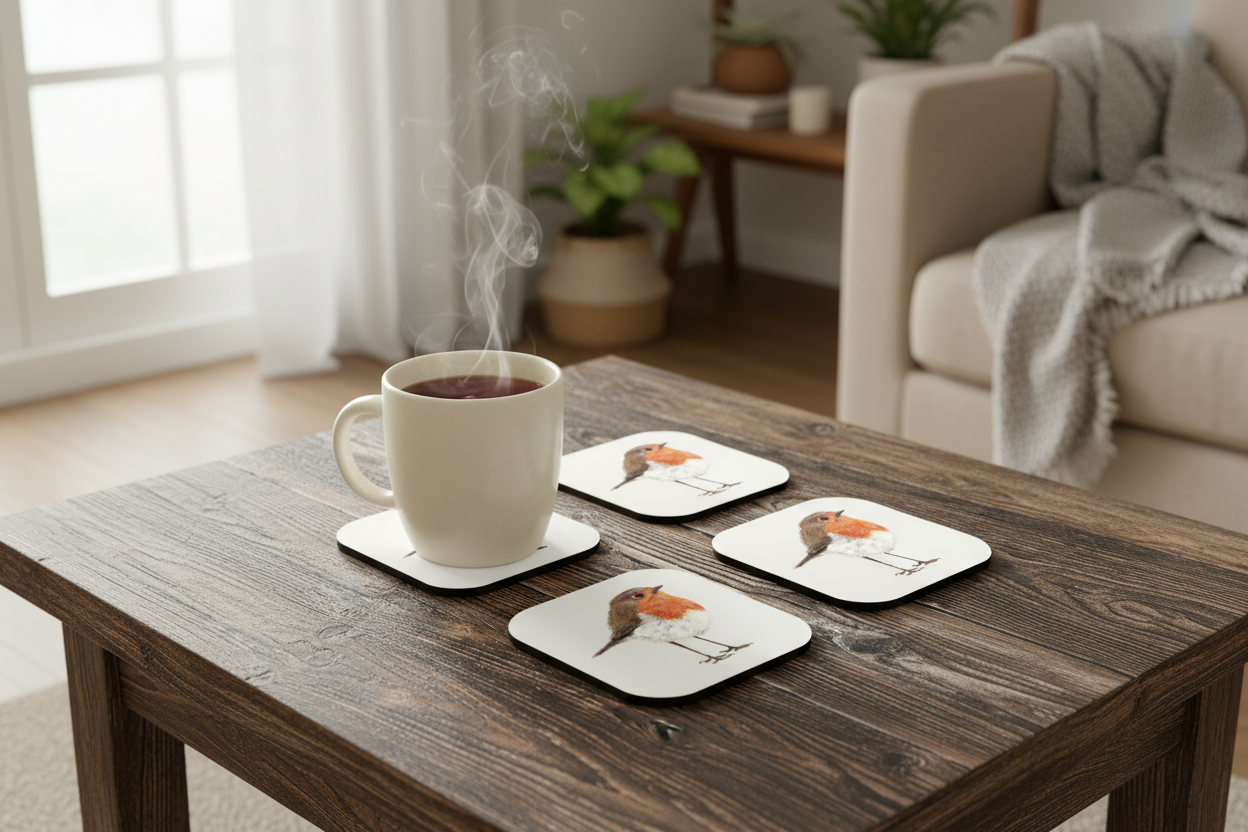 Hand-Drawn Robin Coaster Set of 4 | Cosy Home Décor