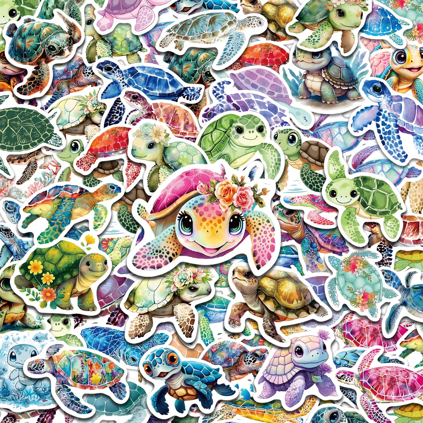 Robmoda 51 Pcs Cute Turtle Stickers Pack | Waterproof Vinyl Decals for Water Bottles & Laptops