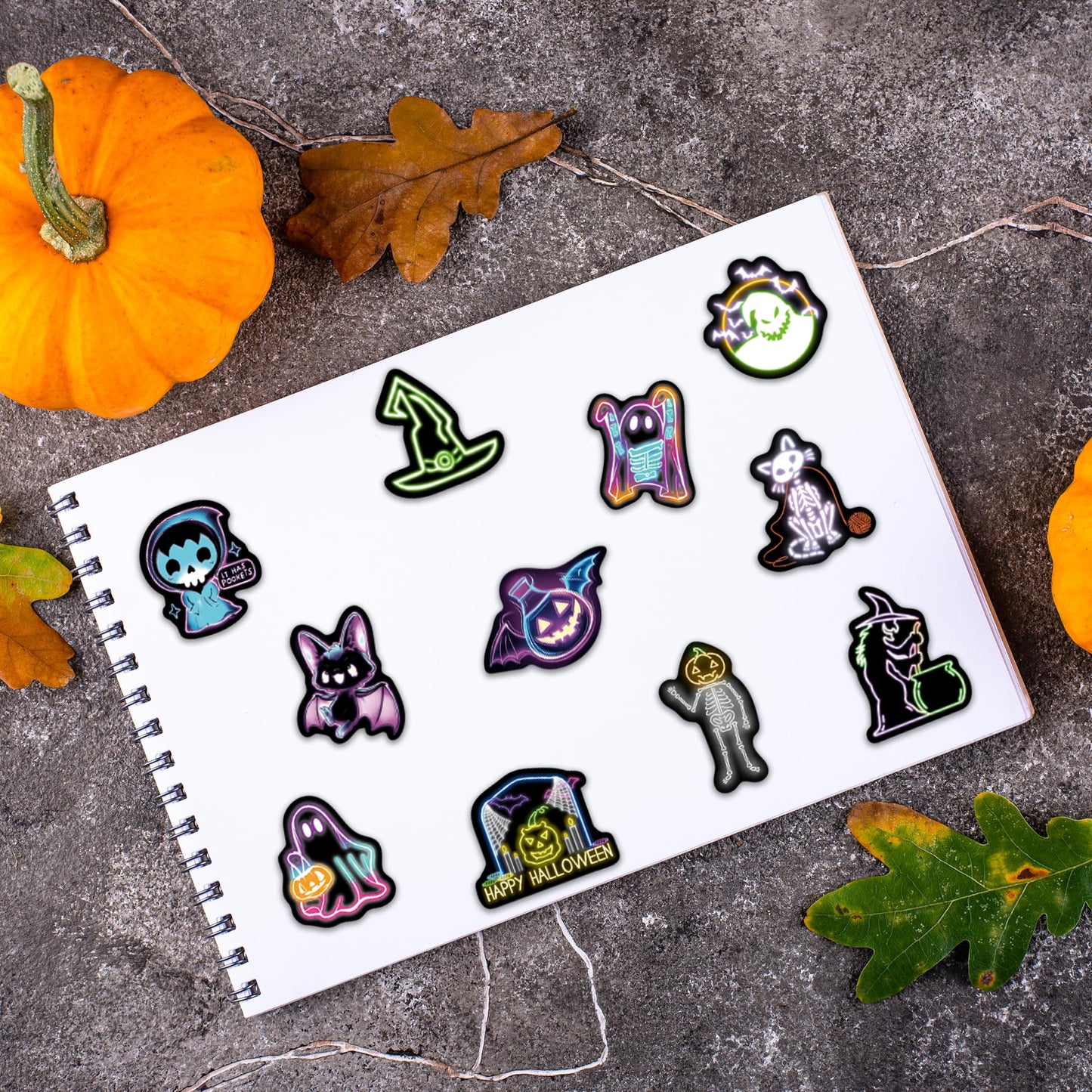 Robmoda 70 Pcs Neon Halloween Stickers – Waterproof Vinyl Decals for Water Bottles, Laptops & Classroom Prizes