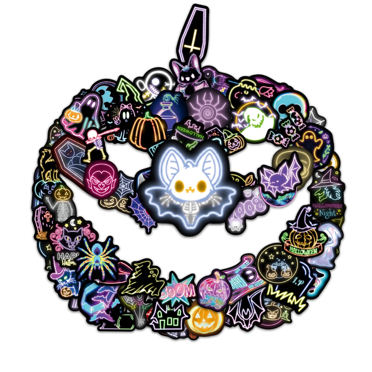 Robmoda 70 Pcs Neon Halloween Stickers – Waterproof Vinyl Decals for Water Bottles, Laptops & Classroom Prizes