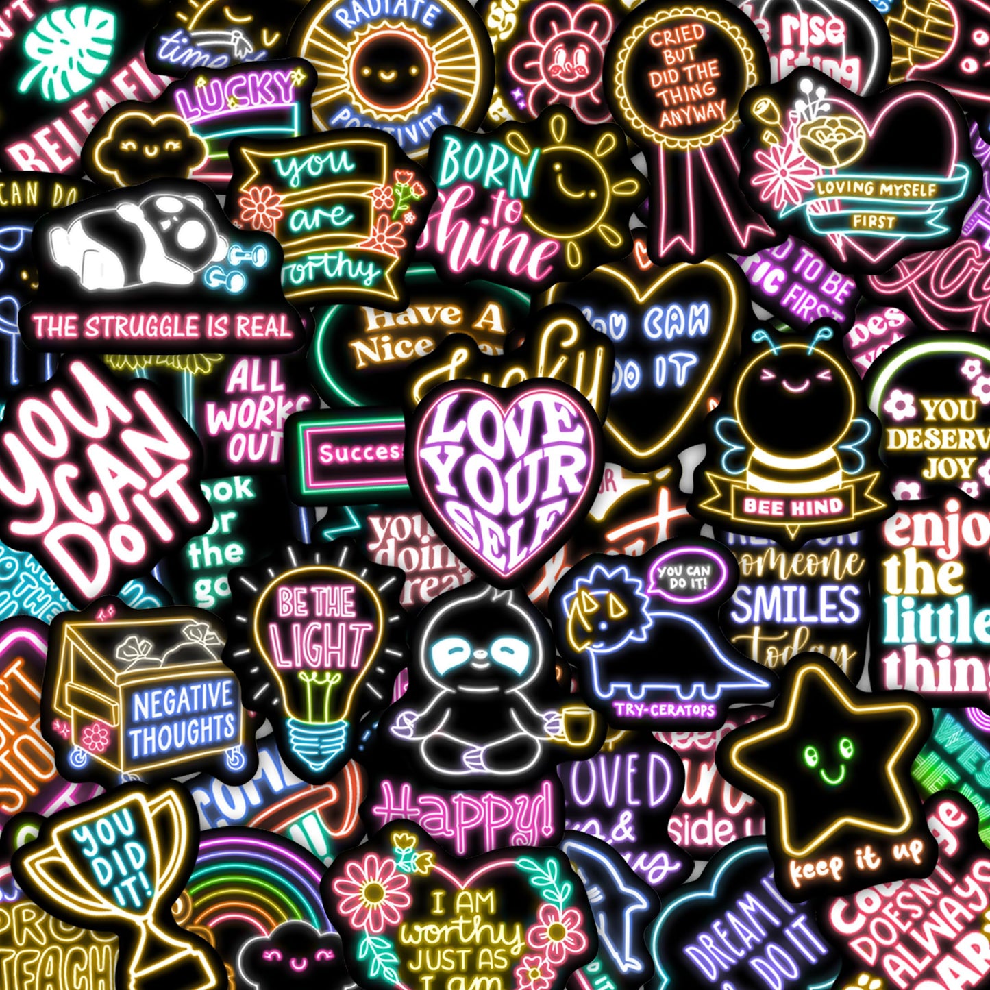 Robmoda 50 Pcs Neon Inspirational Quotes Stickers – Waterproof Vinyl Decals for Water Bottles, Laptops, and More