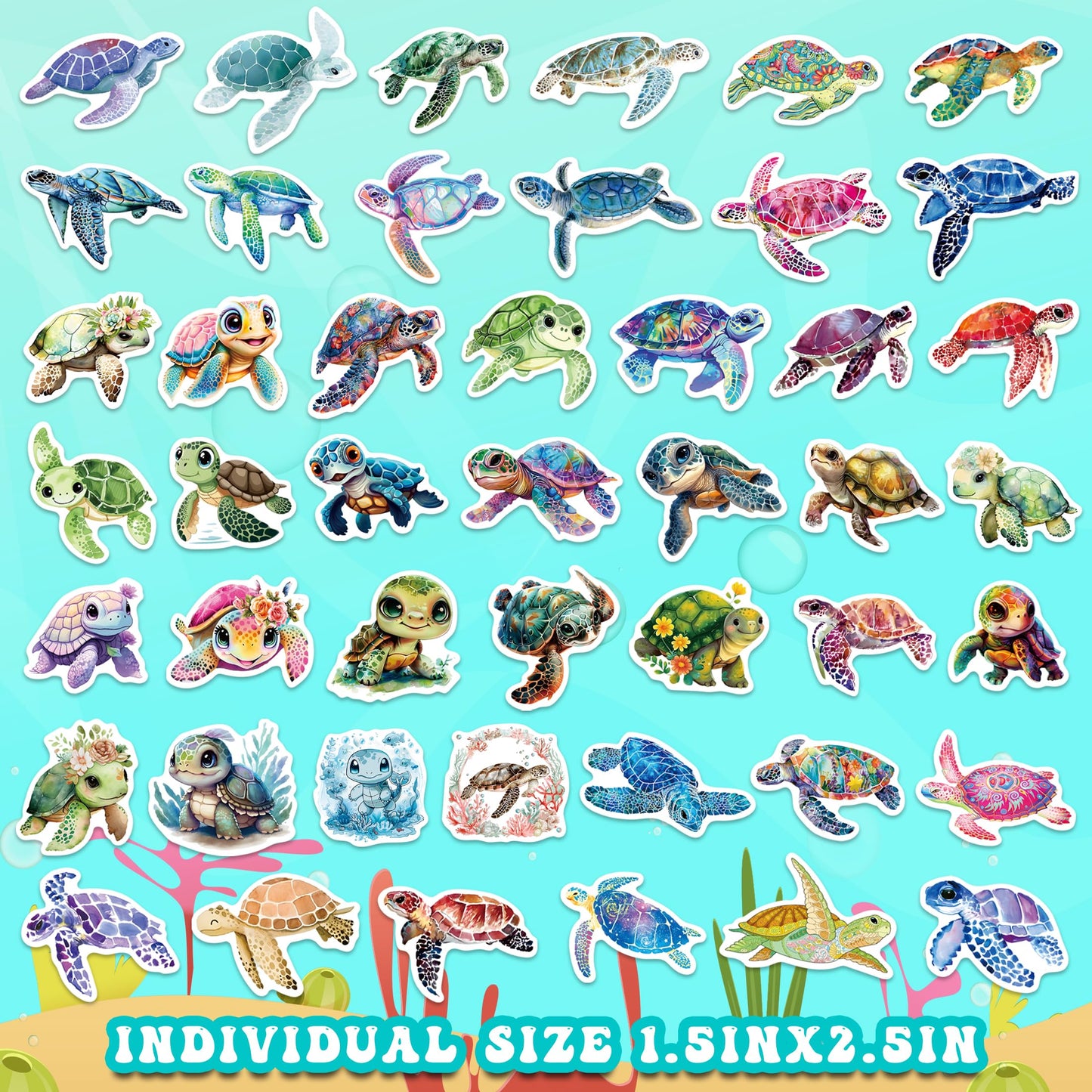 Robmoda 51 Pcs Cute Turtle Stickers Pack | Waterproof Vinyl Decals for Water Bottles & Laptops