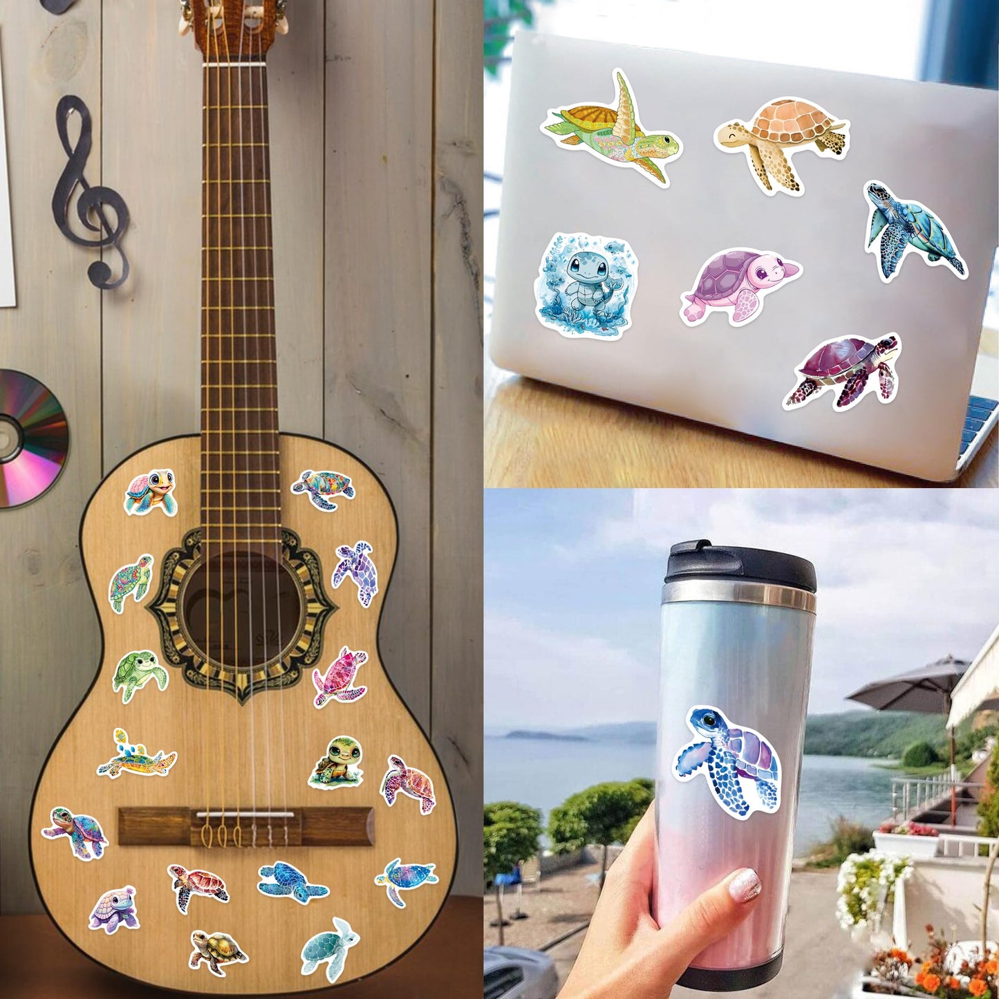 Robmoda 51 Pcs Cute Turtle Stickers Pack | Waterproof Vinyl Decals for Water Bottles & Laptops