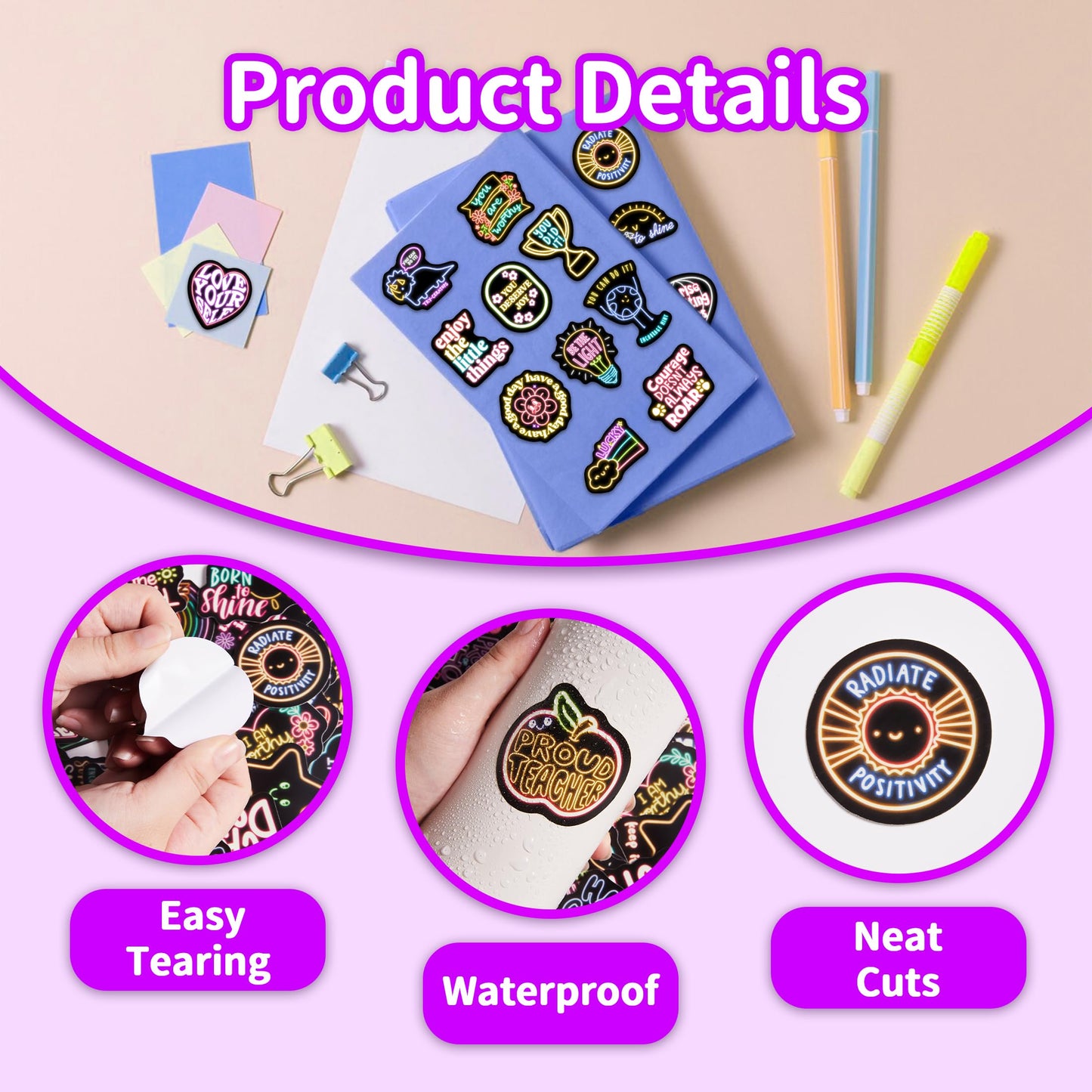 Robmoda 50 Pcs Neon Inspirational Quotes Stickers – Waterproof Vinyl Decals for Water Bottles, Laptops, and More