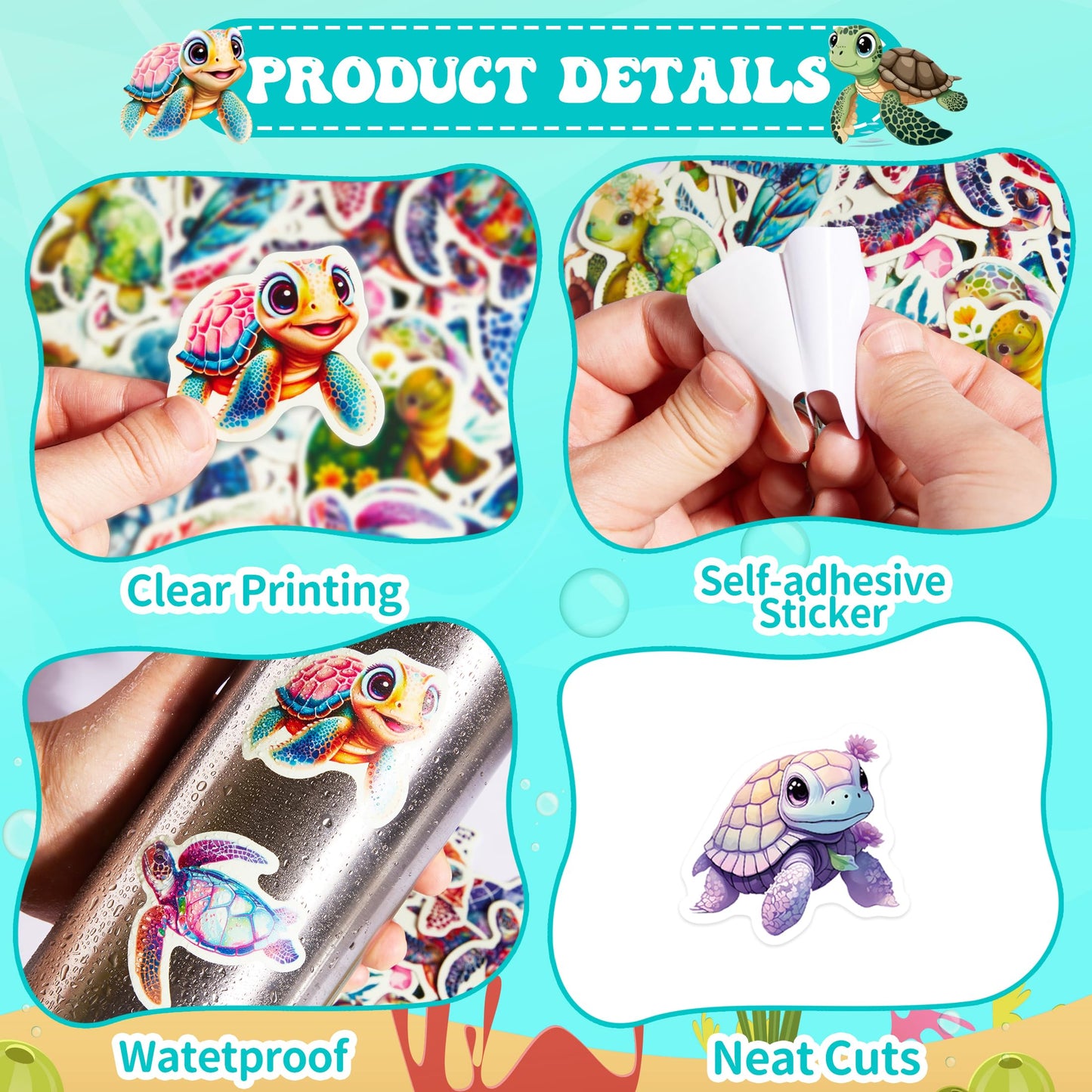 Robmoda 51 Pcs Cute Turtle Stickers Pack | Waterproof Vinyl Decals for Water Bottles & Laptops