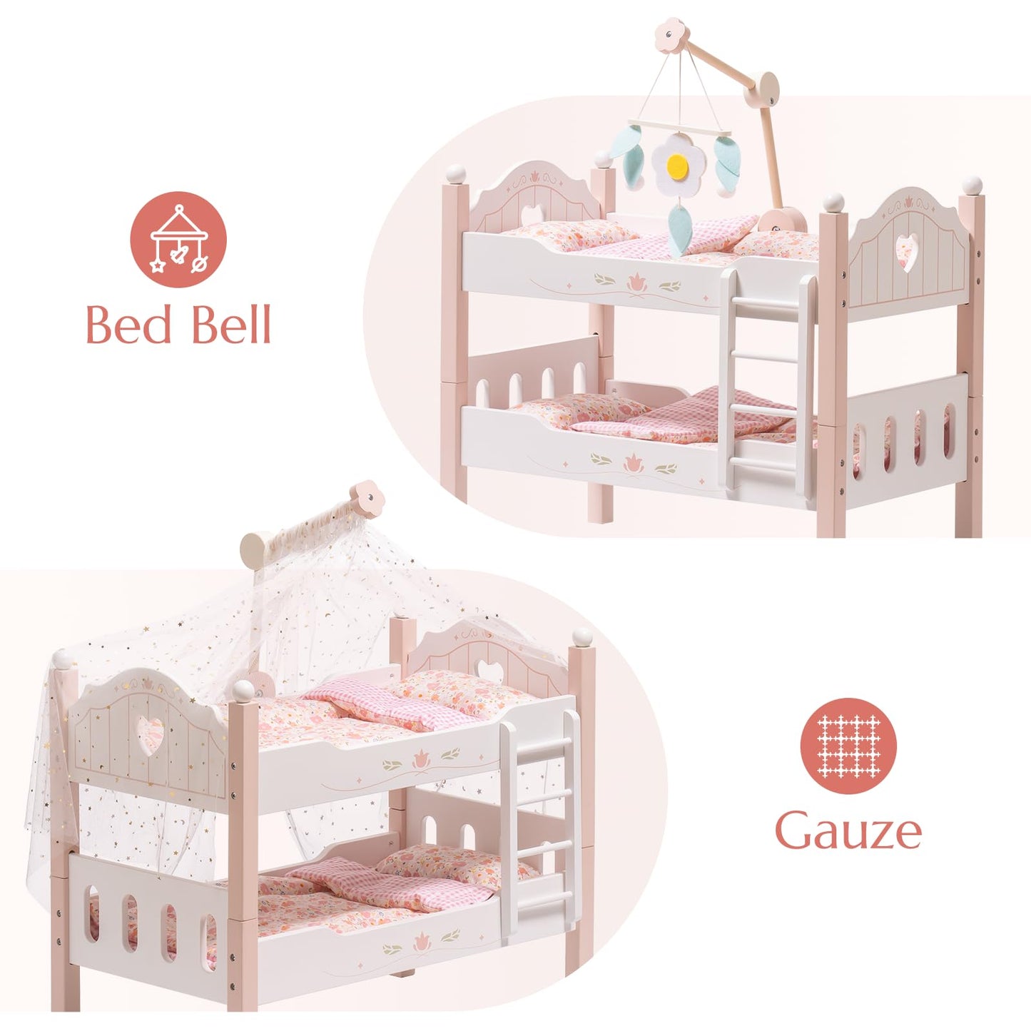 ROBOTIME Baby Doll Bunk Beds — 2-in-1 Pink Wooden Bed Set for 20-Inch Dolls (Ages 3+)