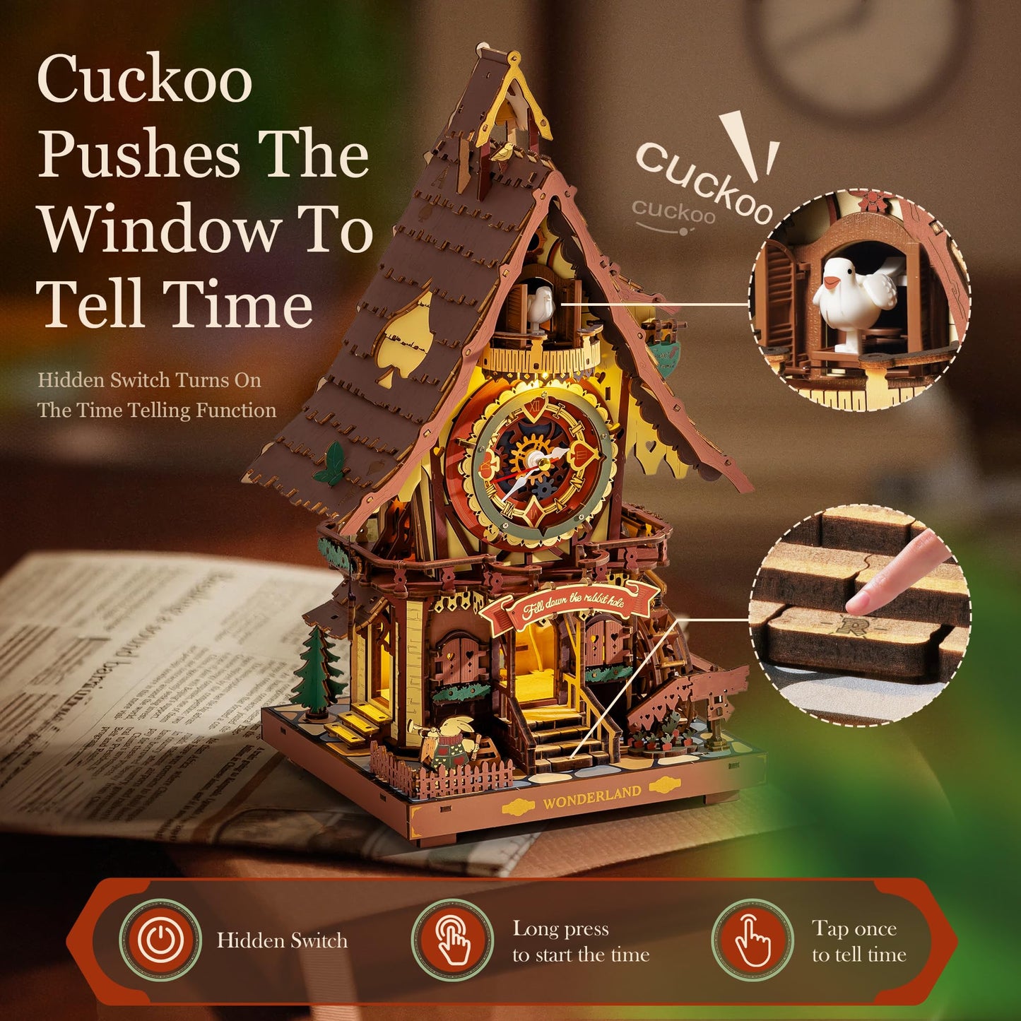 ROBOTIME 3D Wooden Cuckoo Clock Puzzle for Adults – 435-Piece DIY Model Kit with 2 Lights
