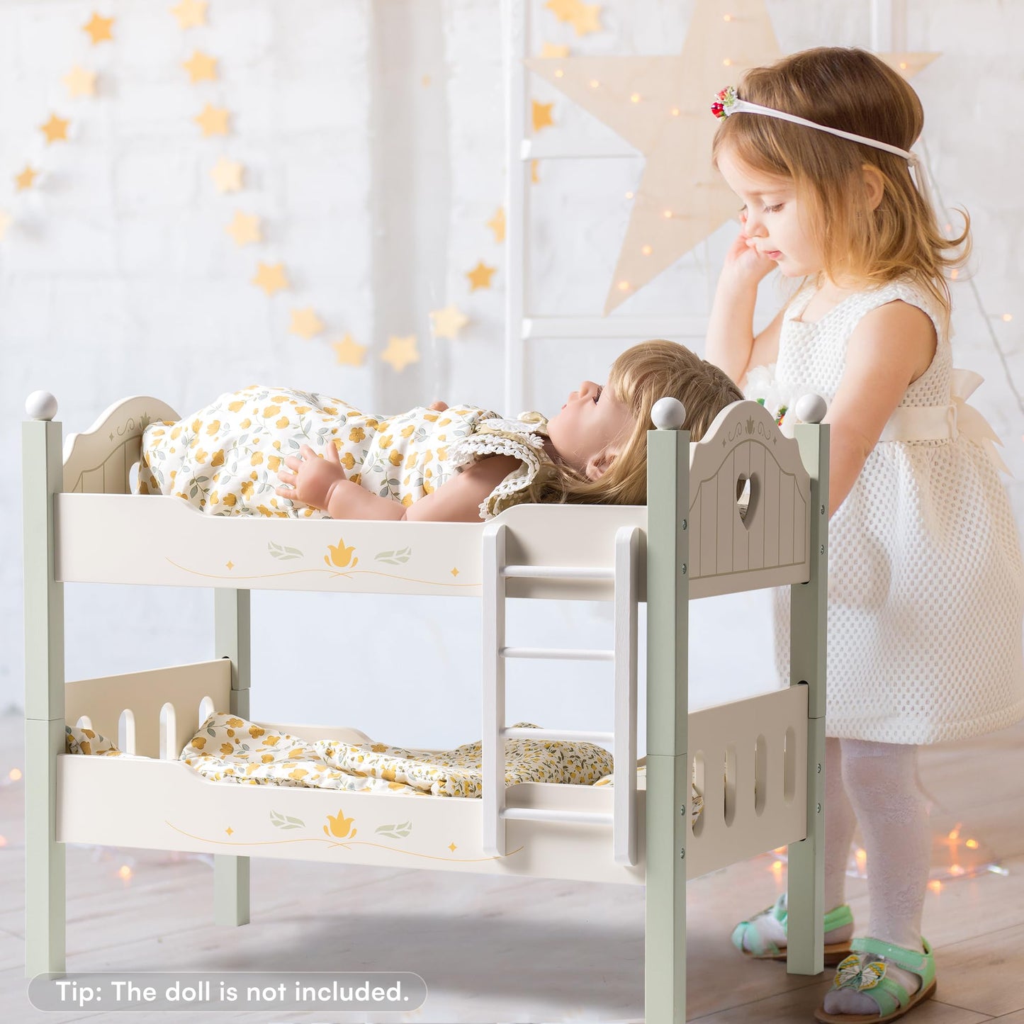 ROBOTIME Baby Doll Bunk Bed – 18-Inch Doll Furniture Set for American Girl Dolls, Green, 2-Piece Wooden Beds