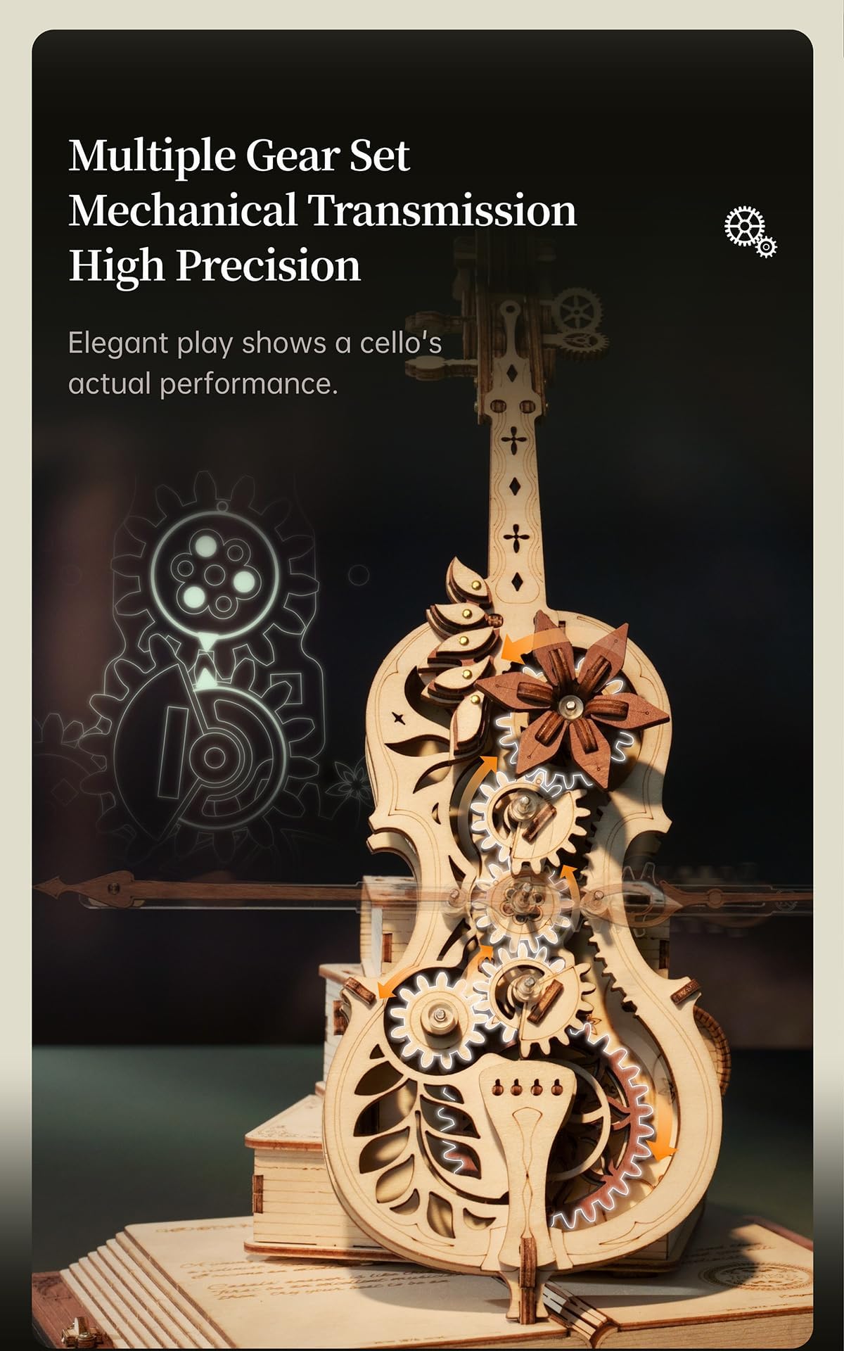 ROBOTIME AMK63 Magic Cello 3D Puzzle – Mechanical Music Box Kit for Adults | Wooden Puzzle Gift