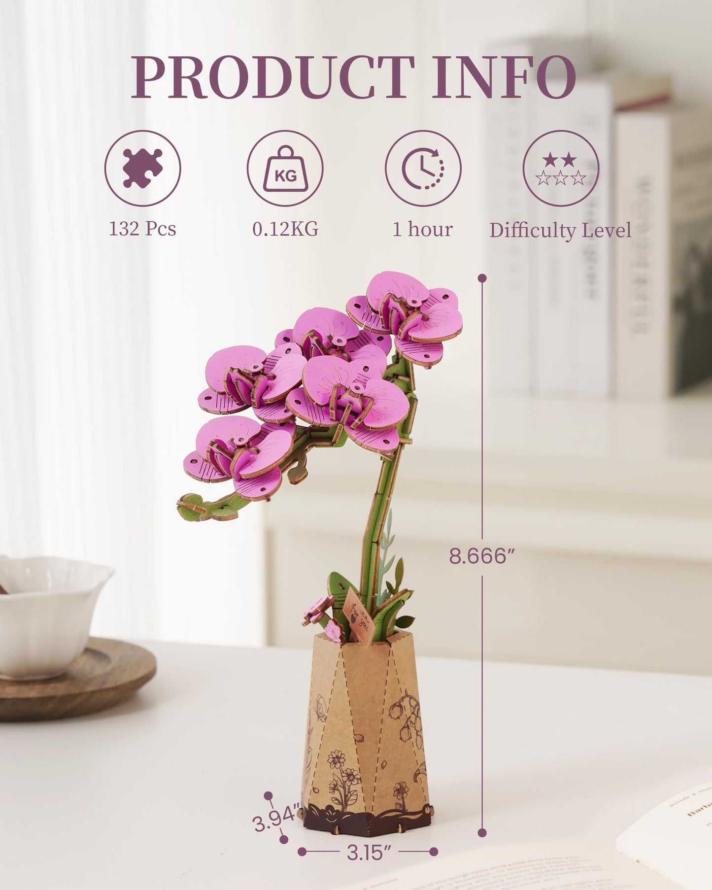 ROBOTIME 3D Puzzle Purple Moth Orchid TW091 – DIY Wooden Flower Model Kit