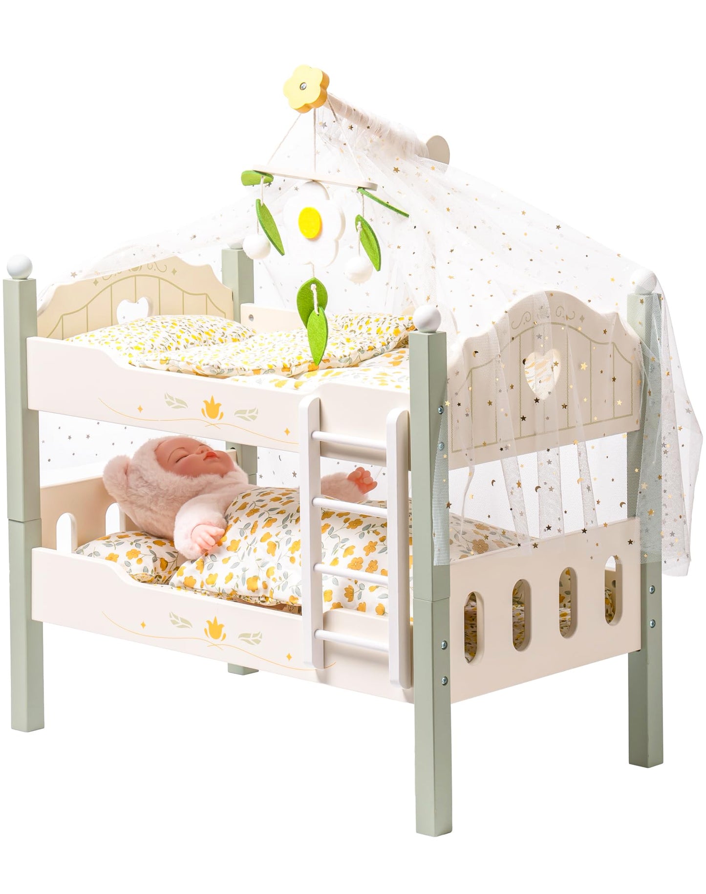 ROBOTIME Baby Doll Bunk Bed – 18-Inch Doll Furniture Set for American Girl Dolls, Green, 2-Piece Wooden Beds