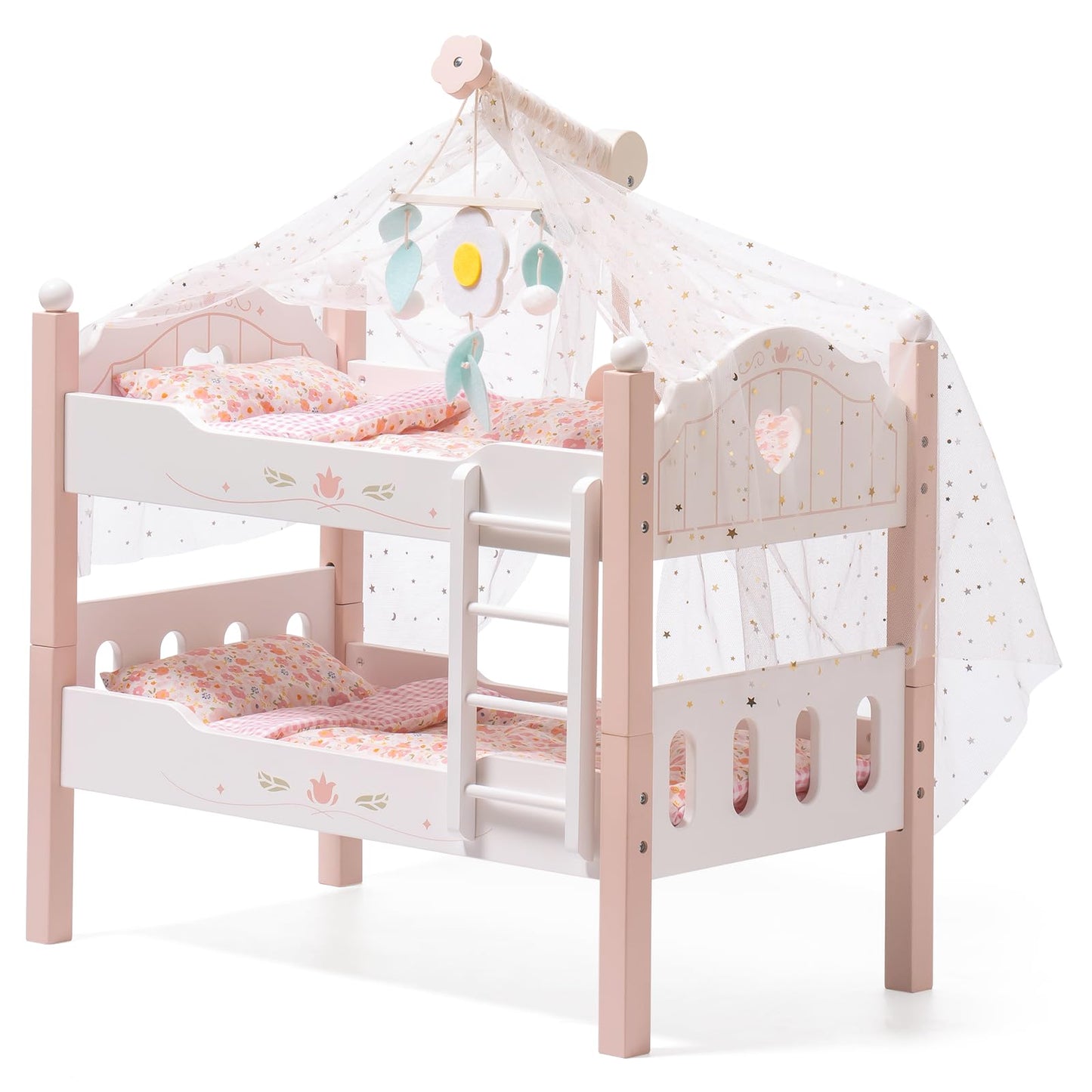 ROBOTIME Baby Doll Bunk Beds — 2-in-1 Pink Wooden Bed Set for 20-Inch Dolls (Ages 3+)