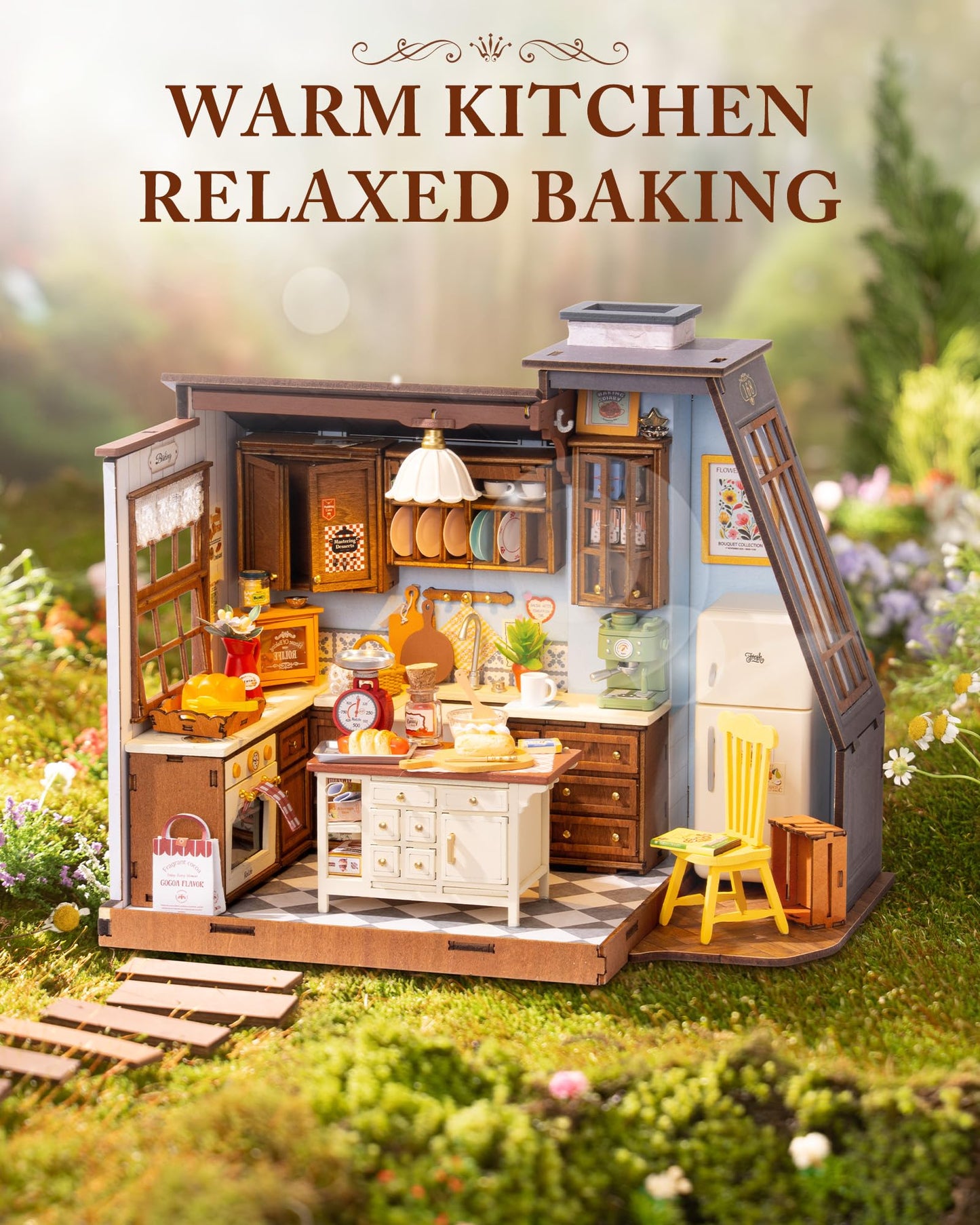 Robotime DIY Miniature Baking Kitchen Dollhouse Kit for Adults — LED Lighting, Snap-Together