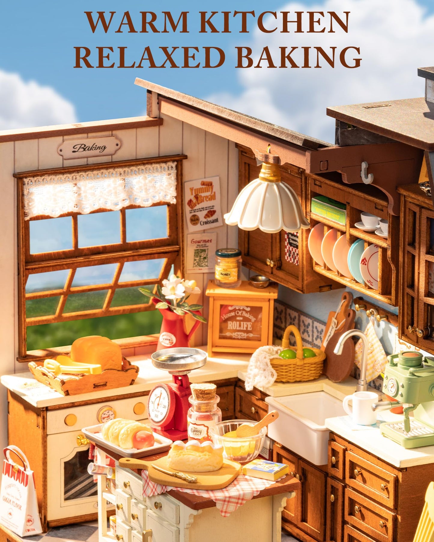 Robotime DIY Miniature Baking Kitchen Dollhouse Kit for Adults — LED Lighting, Snap-Together