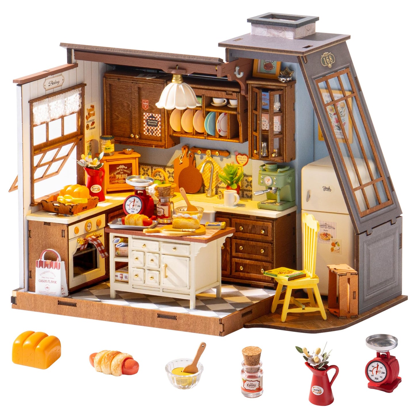 Robotime DIY Miniature Baking Kitchen Dollhouse Kit for Adults — LED Lighting, Snap-Together