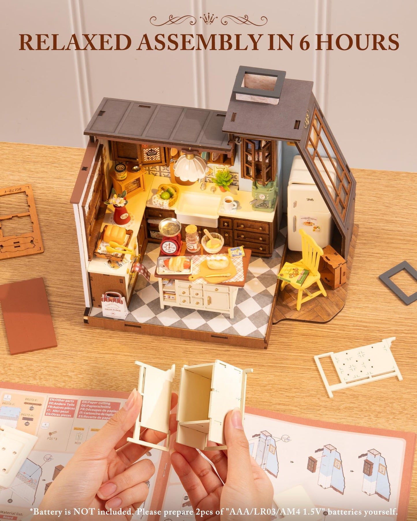 Robotime DIY Miniature Baking Kitchen Dollhouse Kit for Adults — LED Lighting, Snap-Together