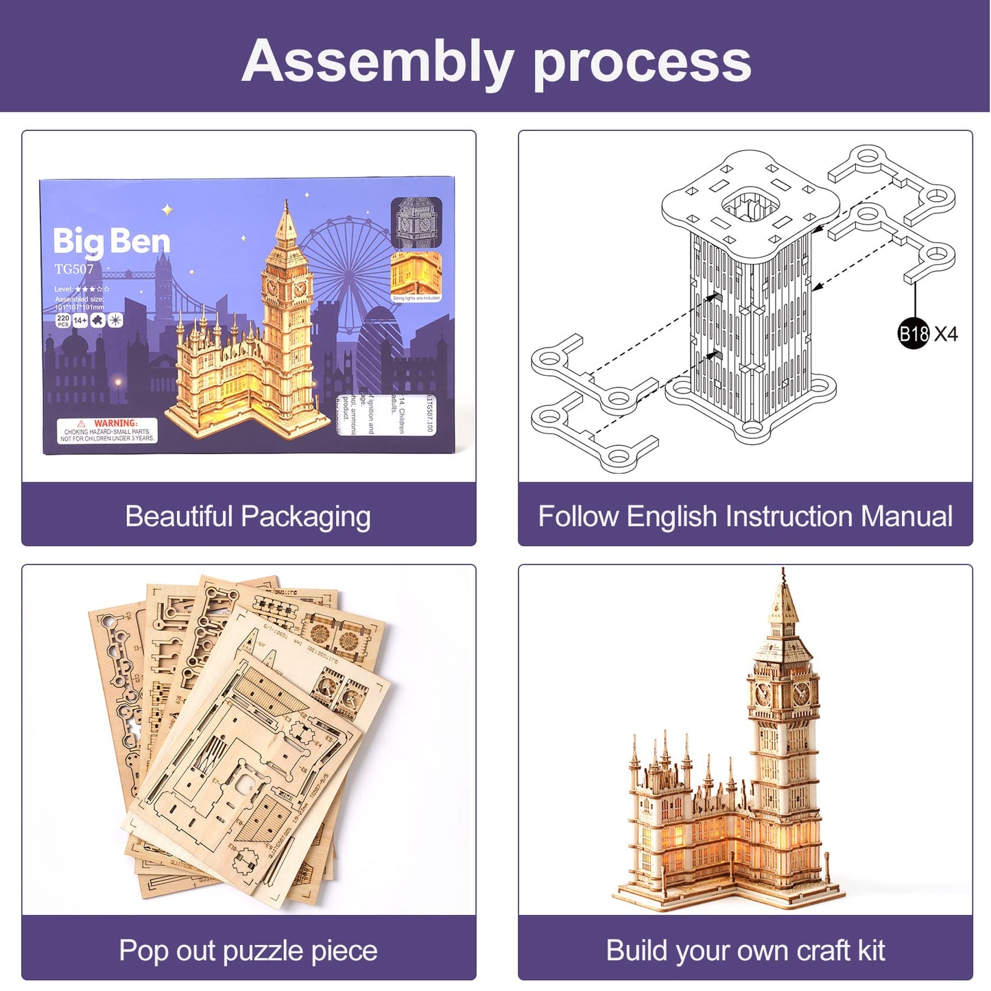 ROBOTIME 3D Big Ben Puzzle Kit with LED – Wooden Model for Adults & Teens