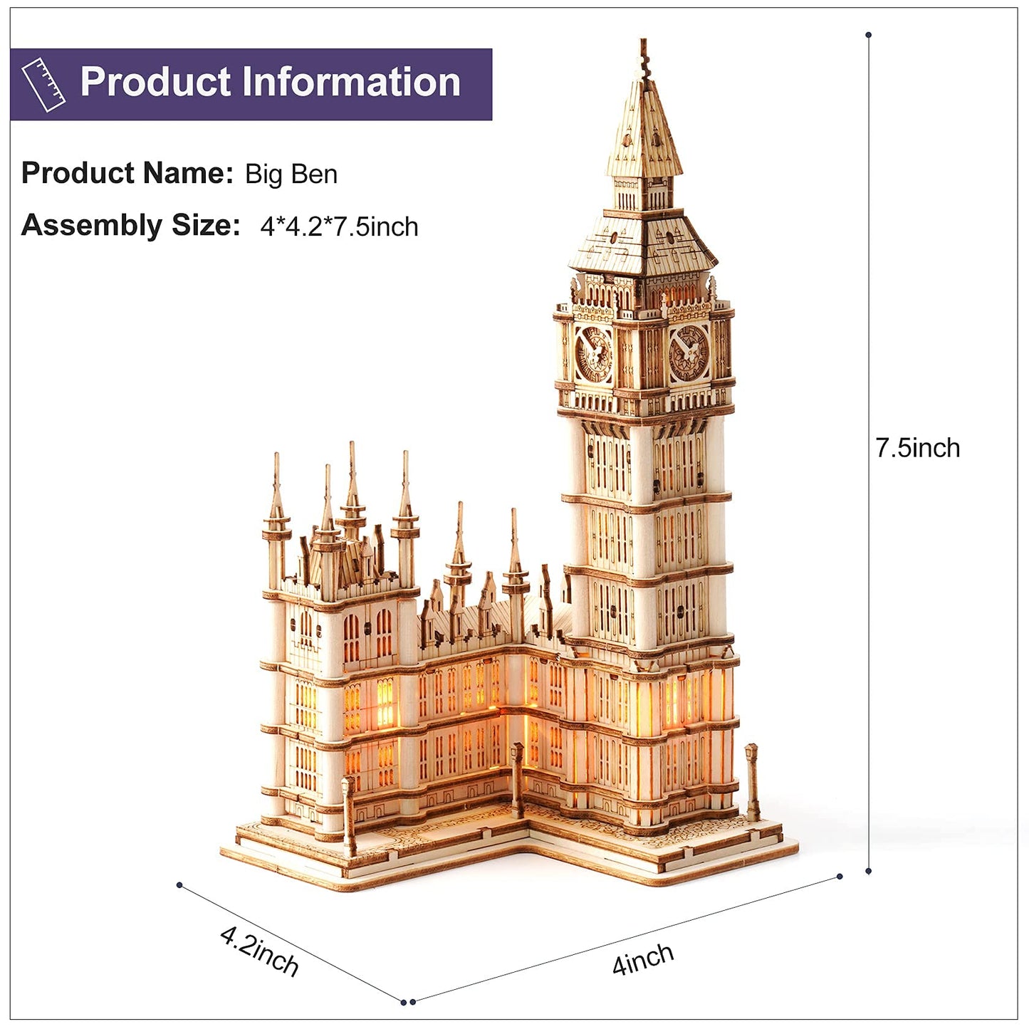 ROBOTIME 3D Big Ben Puzzle Kit with LED – Wooden Model for Adults & Teens