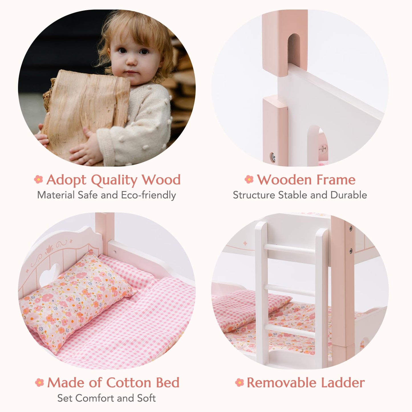 ROBOTIME Baby Doll Bunk Beds — 2-in-1 Pink Wooden Bed Set for 20-Inch Dolls (Ages 3+)